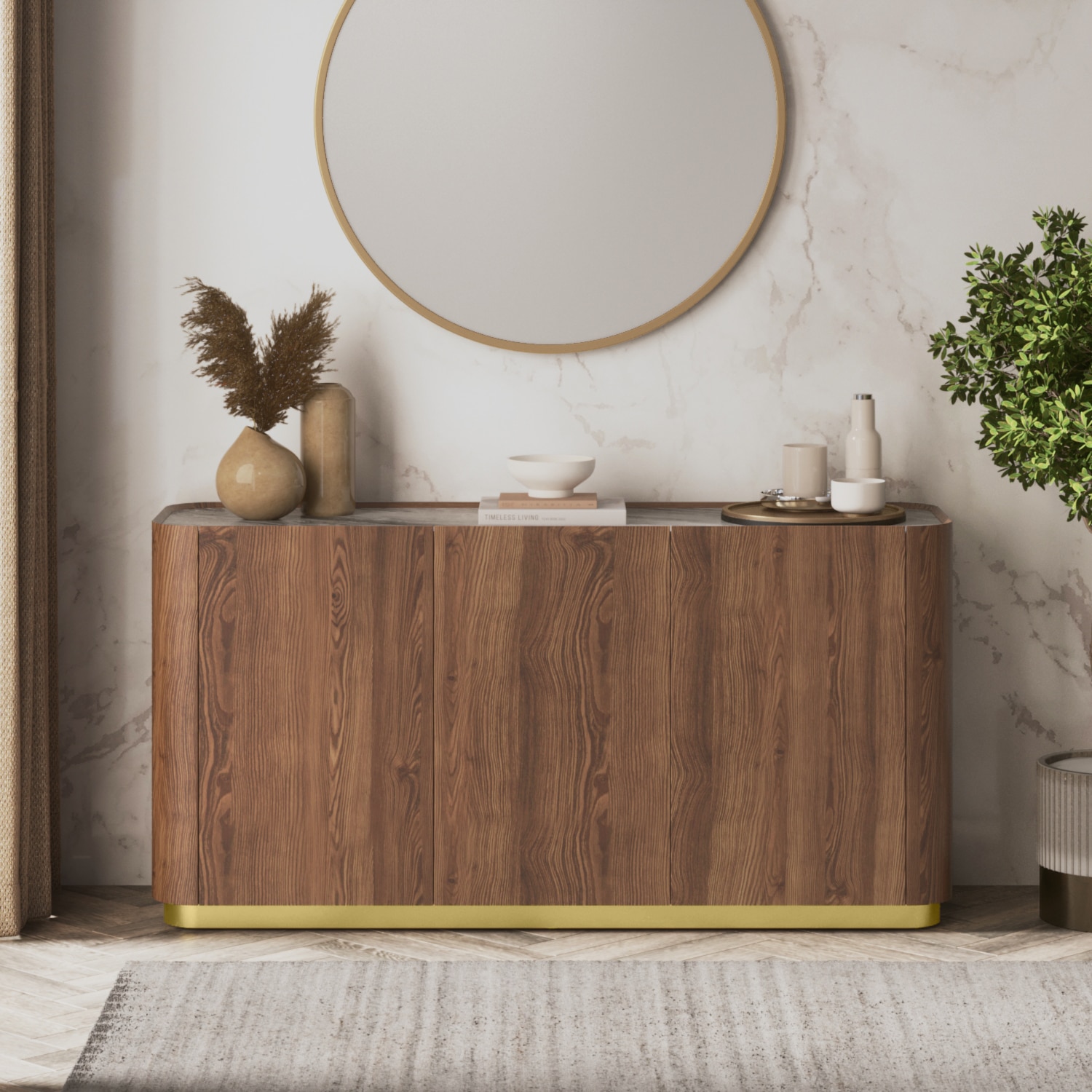 Dorian Engineered Wood Sideboard With Ceramic Top In Walnut High Gloss Finish