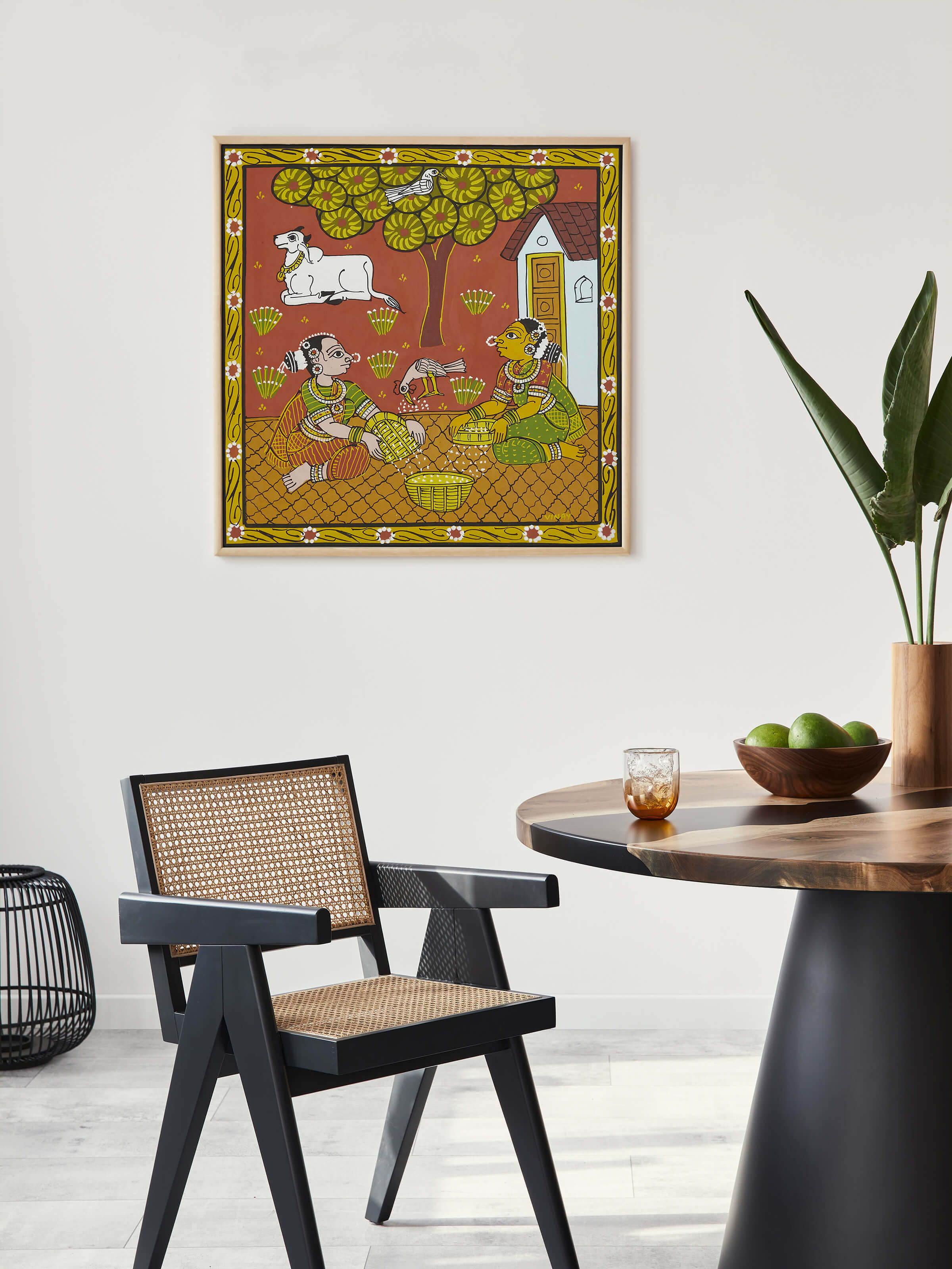 Side view of Cheriyal Village Women Painting, showcasing the intricate details and artistic elements
