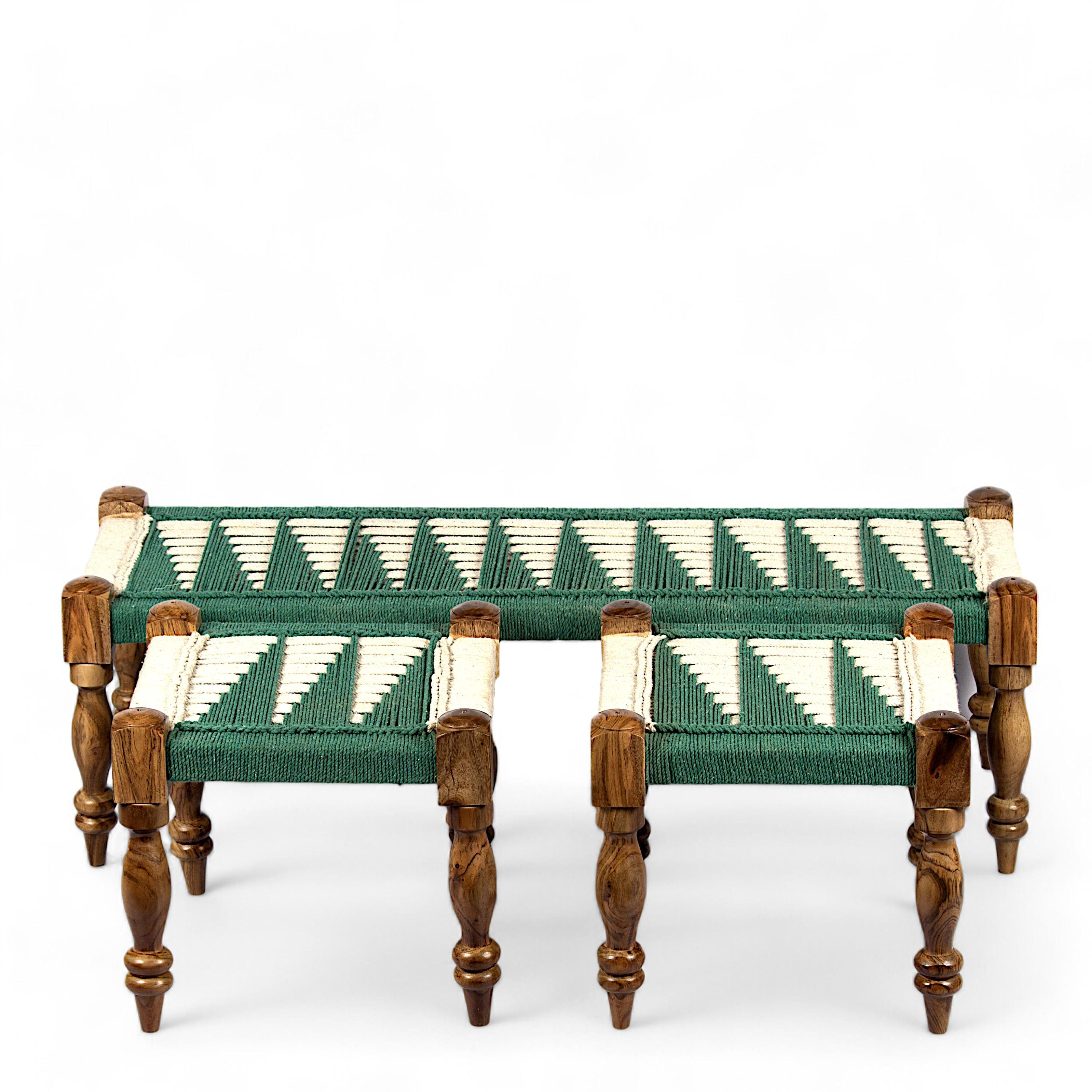Hamilton Sheesham Wood Maachi Bench Set With 2 Stools In Green & White Rope Canning
