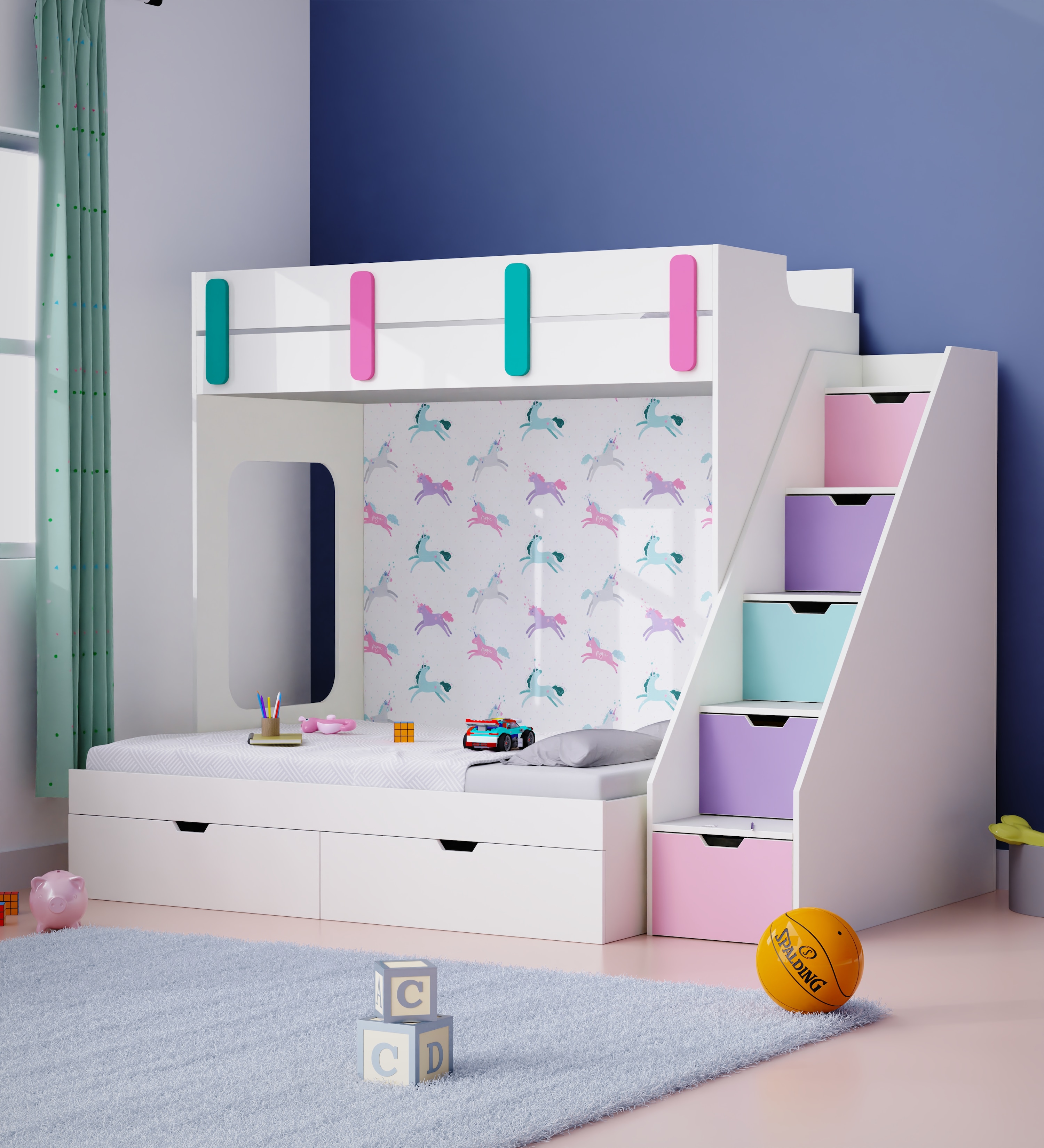 Pattern Dreams Bunk Bed  6X5 (Drawers On Wheels) In White Colour