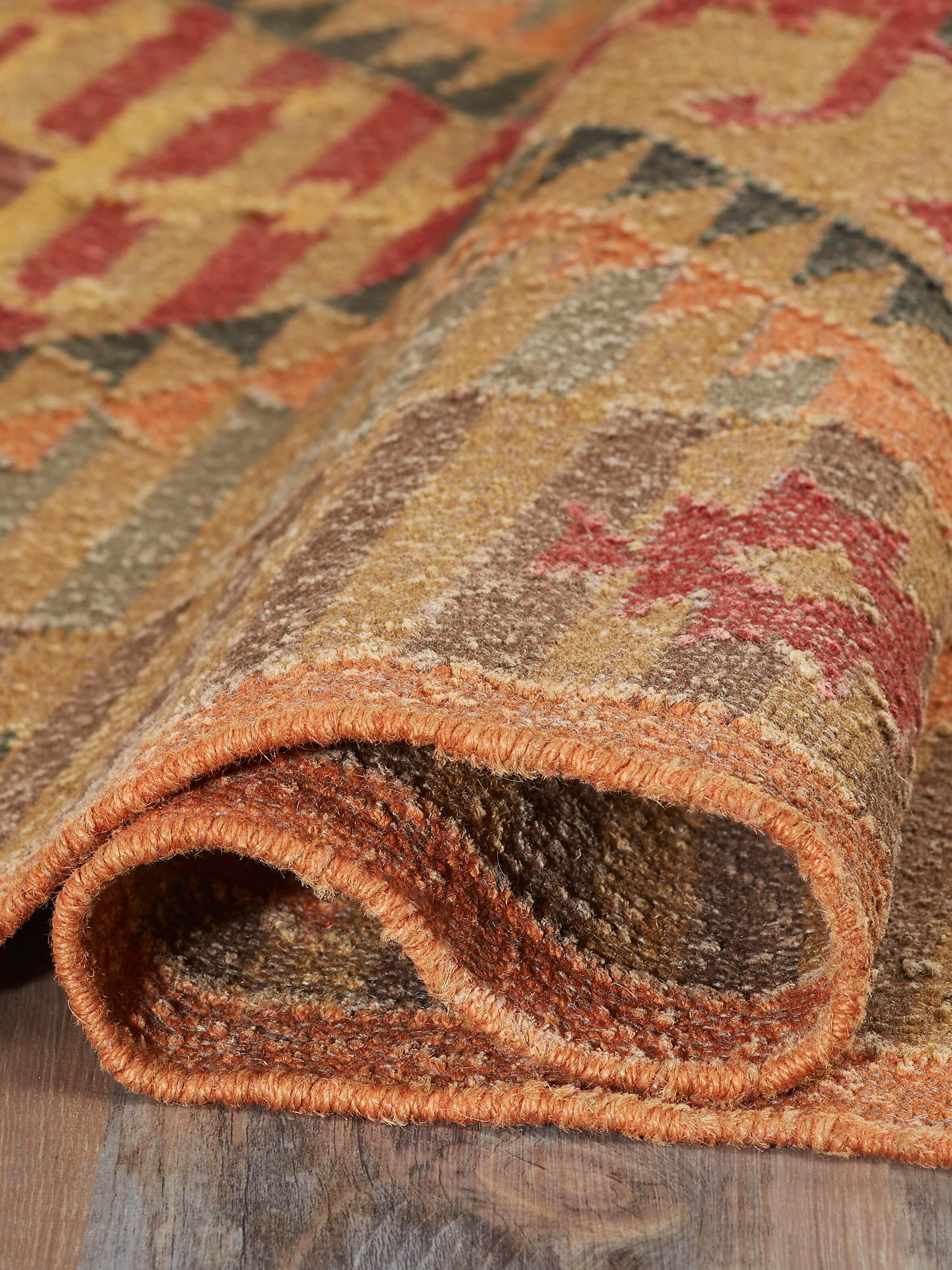 Full view of Traditional Kilim rust Lawan jute and wool Panja dhurrie capturing the entire rug's design and color