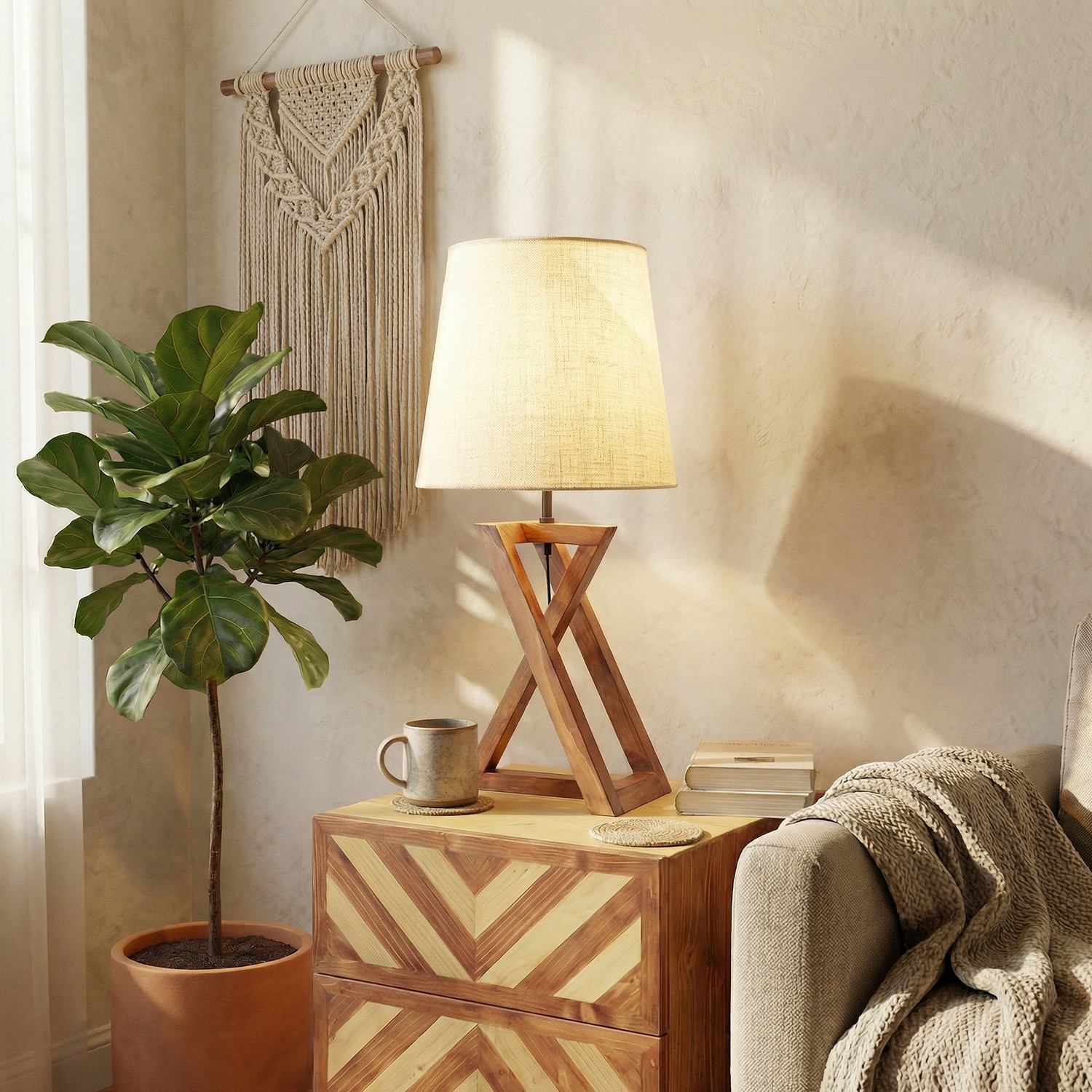 Catapult Brown Wooden Table Lamp with Black Fabric Lampshade - Symplify