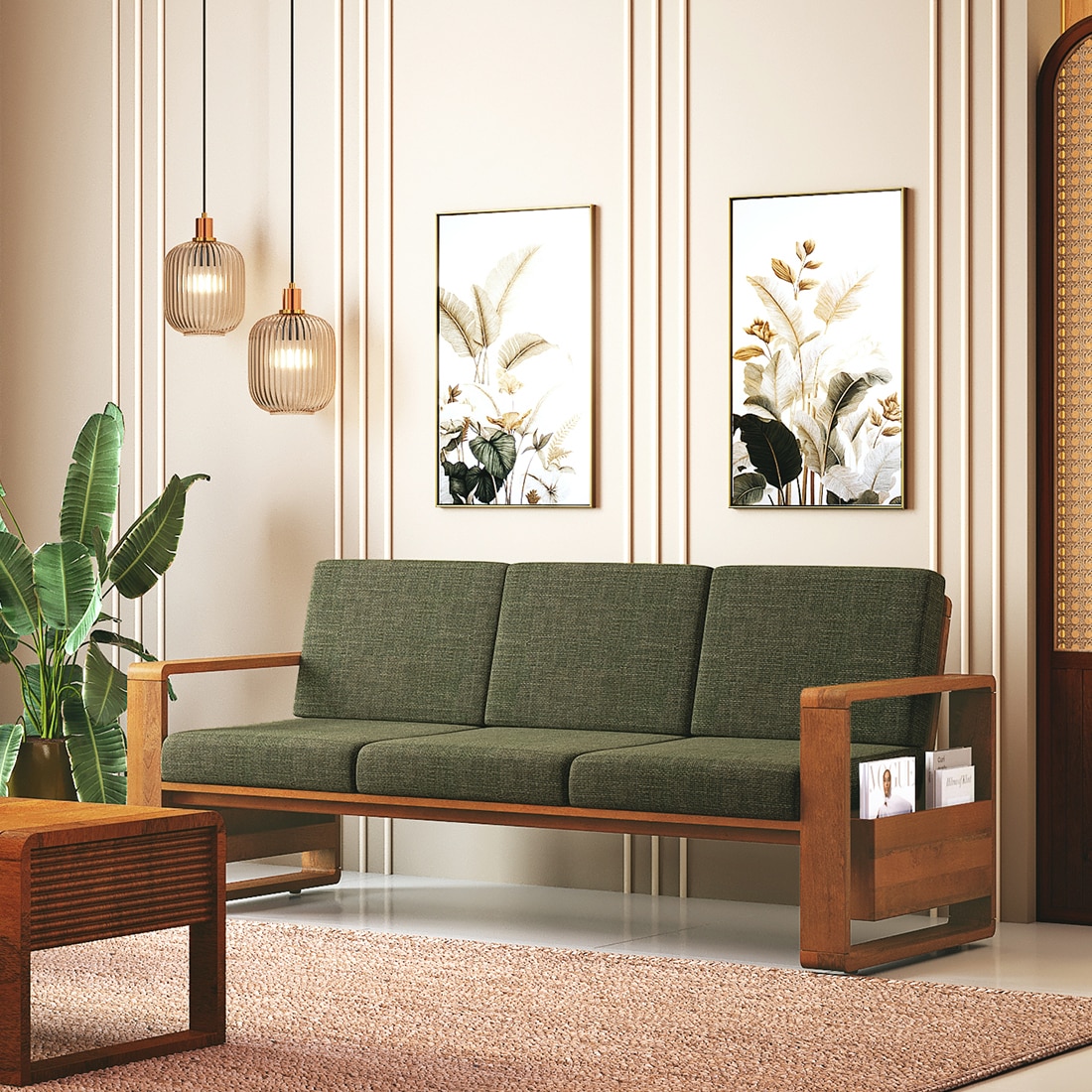 Moreno 3 Seater Solid Wood Sofa in Amber Walnut Finish and Juniper Green Fabric - Urban Ladder