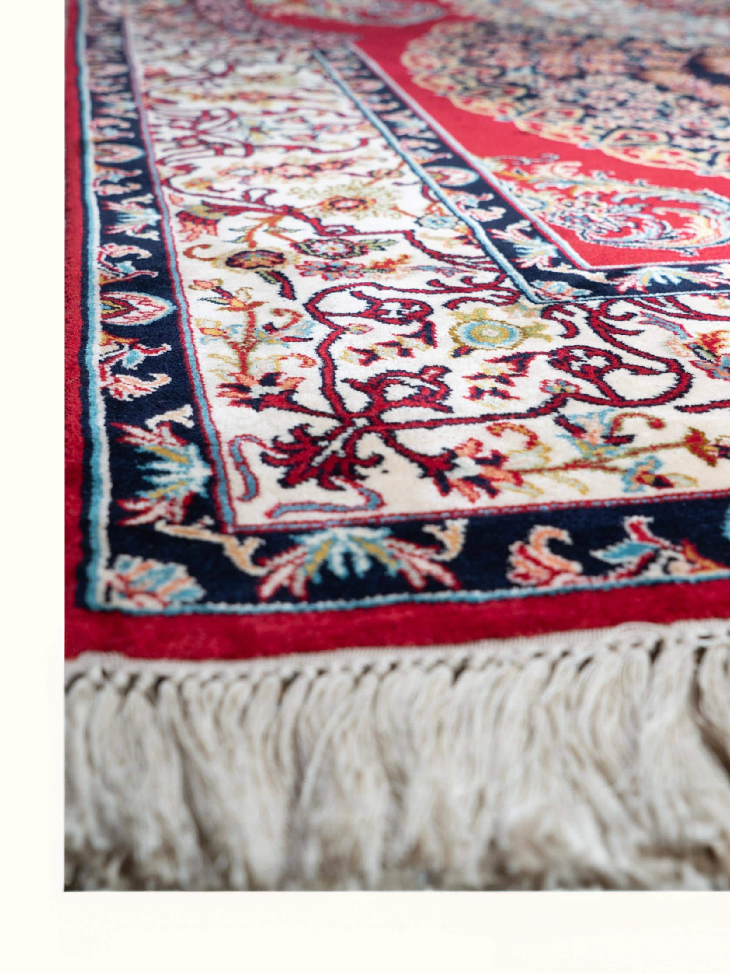 Traditional Persian Red Ishfahan Kashmir Silk Hand-Knotted Carpet