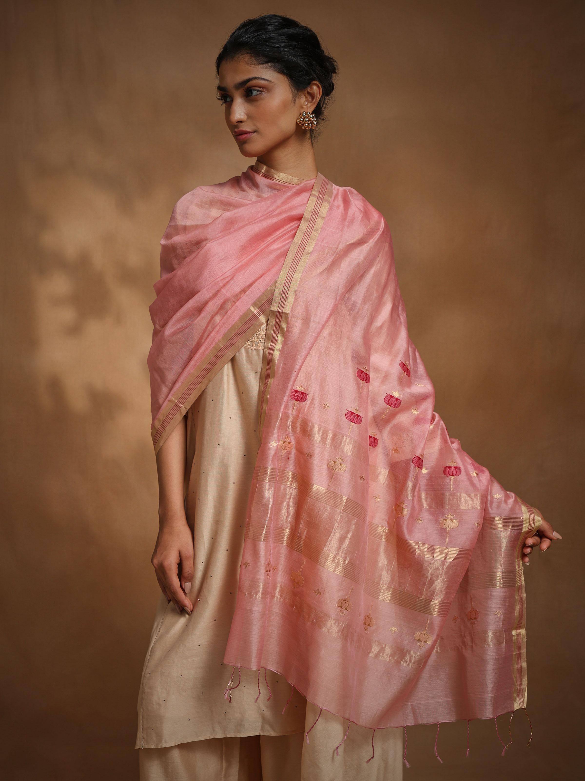 Detailed shot of floral motifs on pink Chanderi dupatta