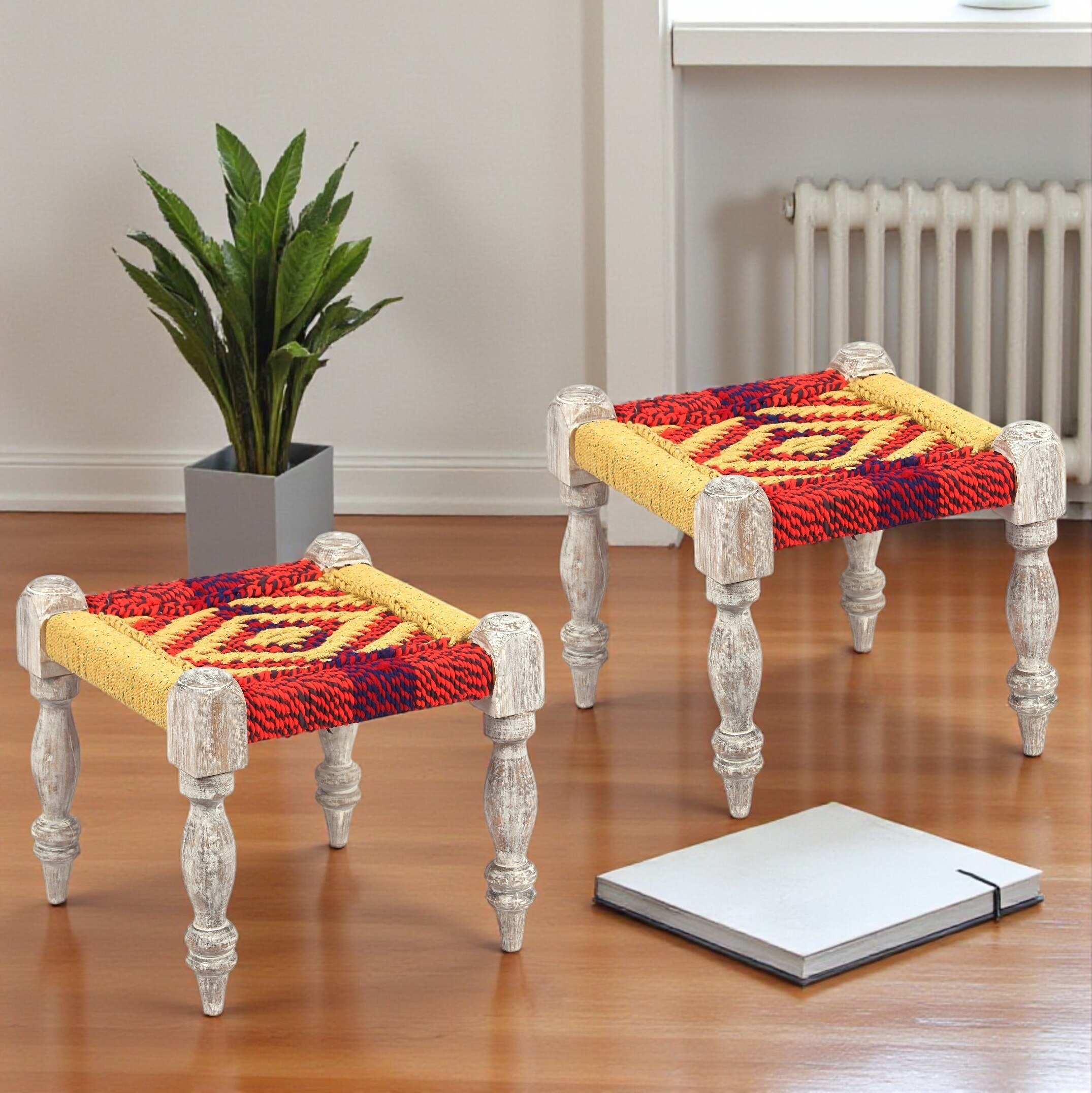 Riaza Sheesham Wood Vintage Set of 2 Stools in Multicolour Chindi & Yellow Rope Canning