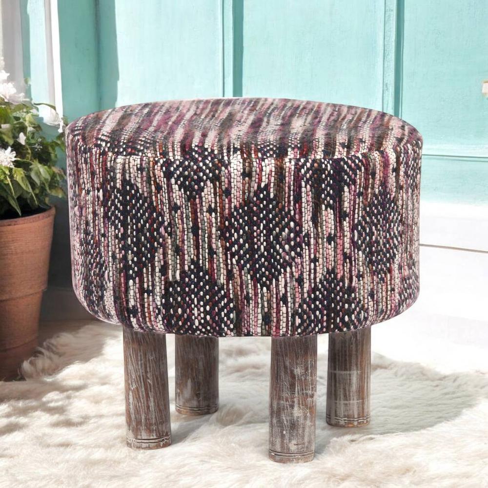 Morgan Solid Wood Pouf Stool in Black Diamond Jackard fabric