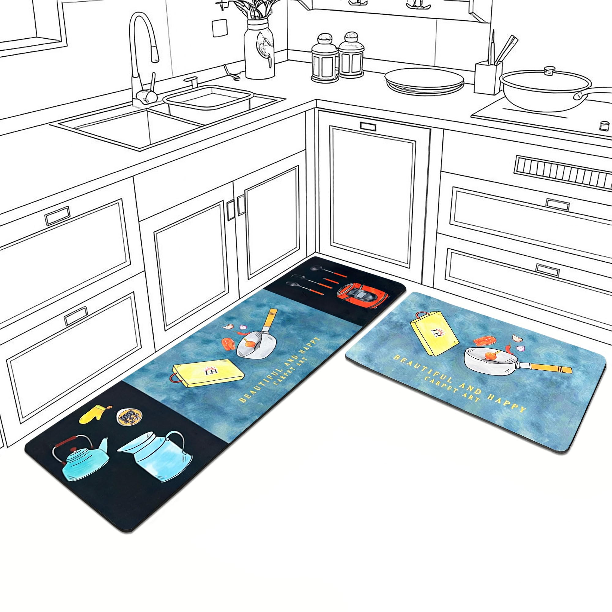 Luxe Home Happy Design Combo Kitchen Runner Mat- Blue (116x36 & 58x36 cm PC-2)