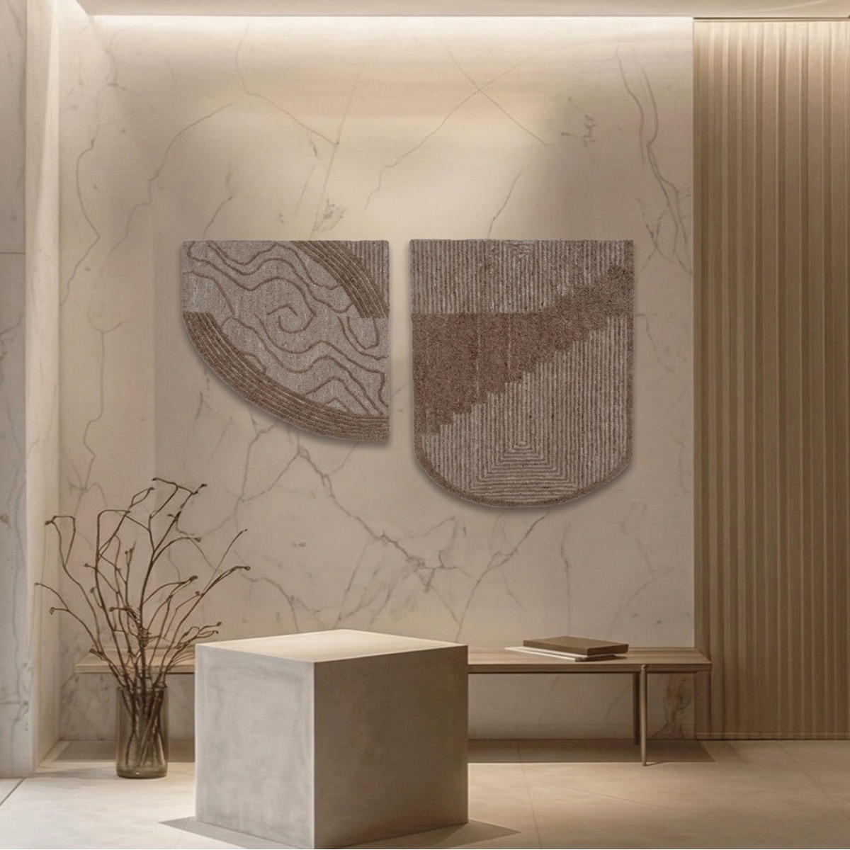 Abstract Handmade Natural Wool Wall Art Beige Textured 2 Panel Set 5 x 3 Feet - NEU LOOMS