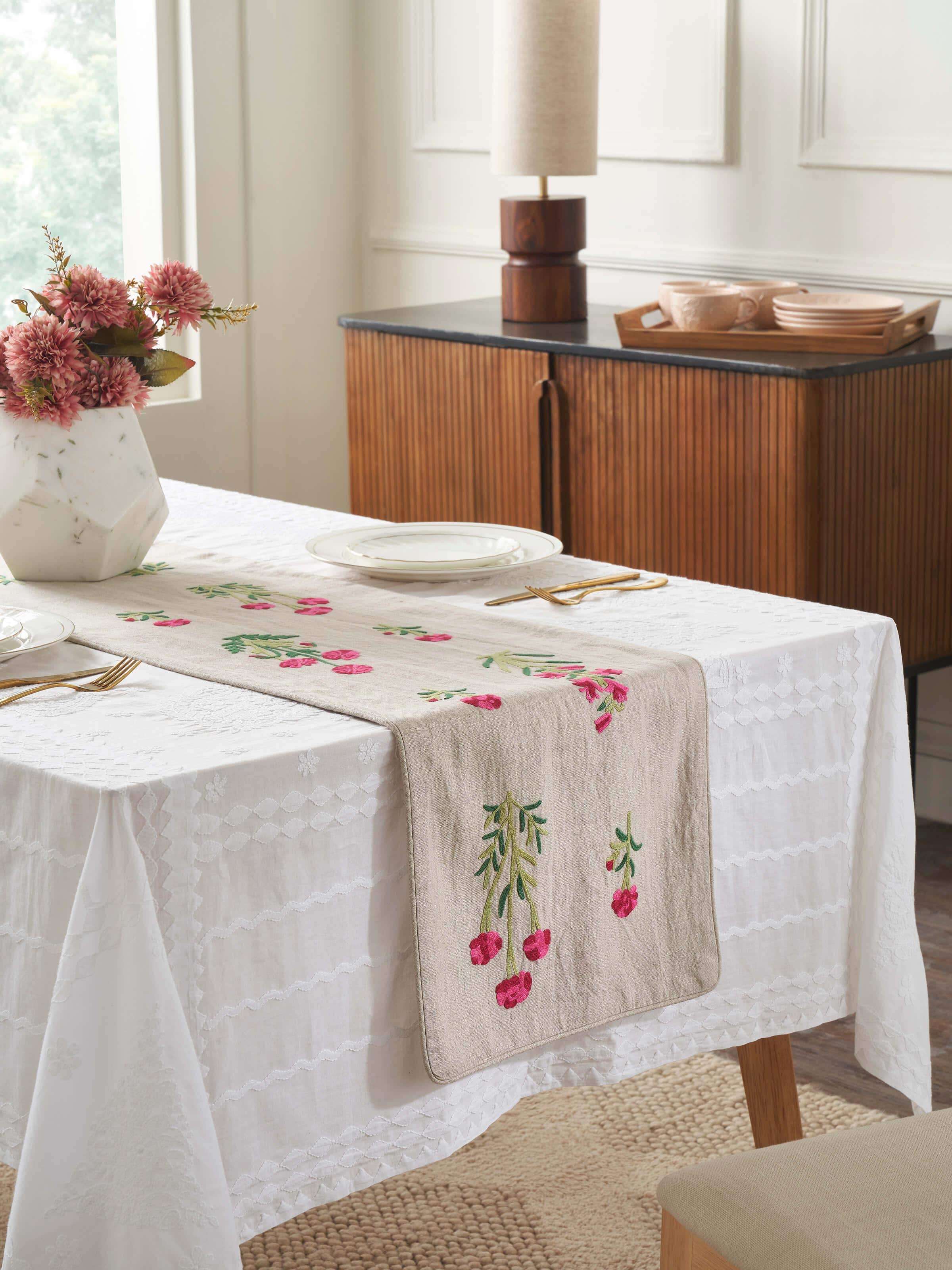 Mughal Miniature Magenta Buta Linen Kashmir Chain Stitch Hand Embroidery Table Runner