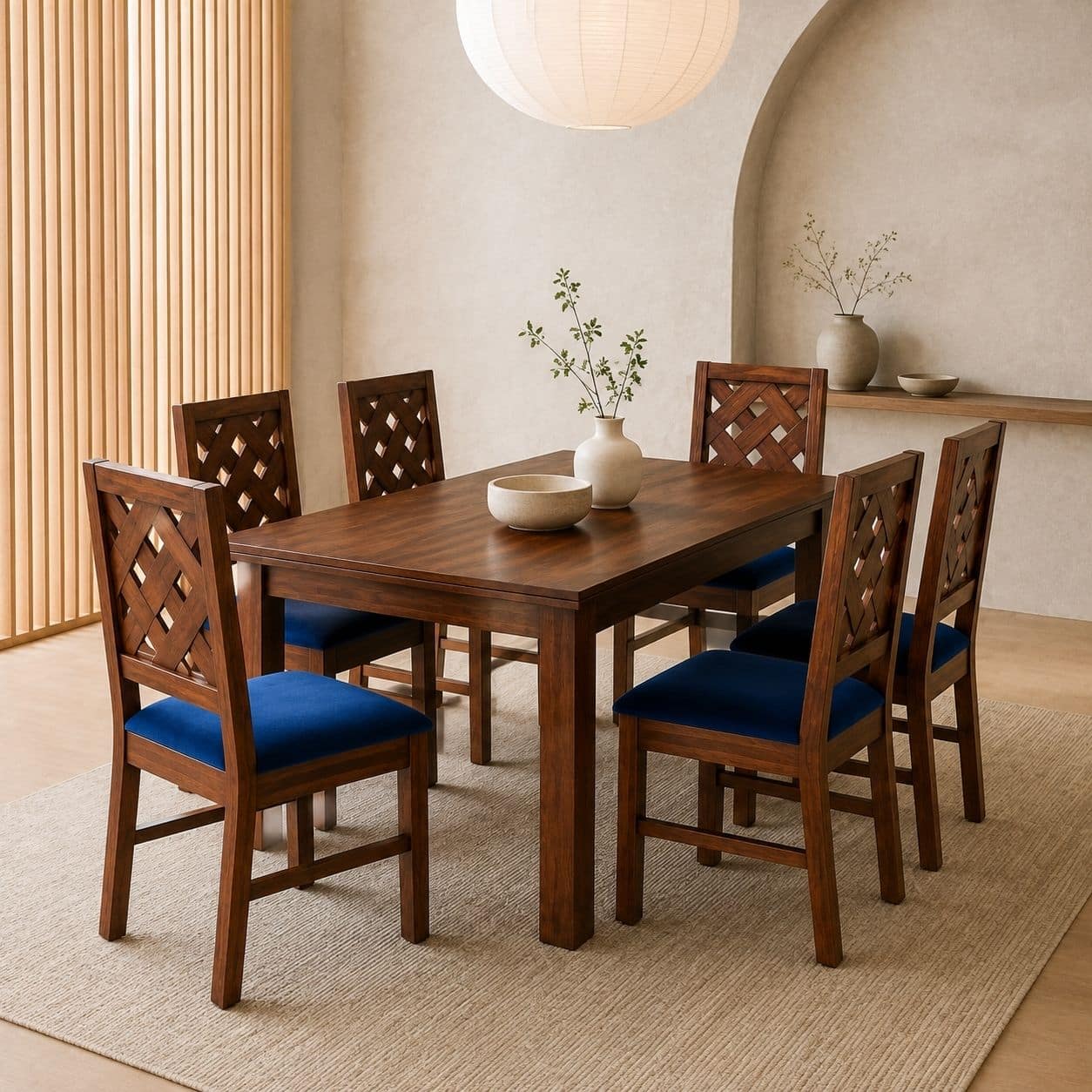 Globally Indian Arunika Solid Sheesham Wood 6 Seater Dining Table Set 6 Chairs Navy Blue