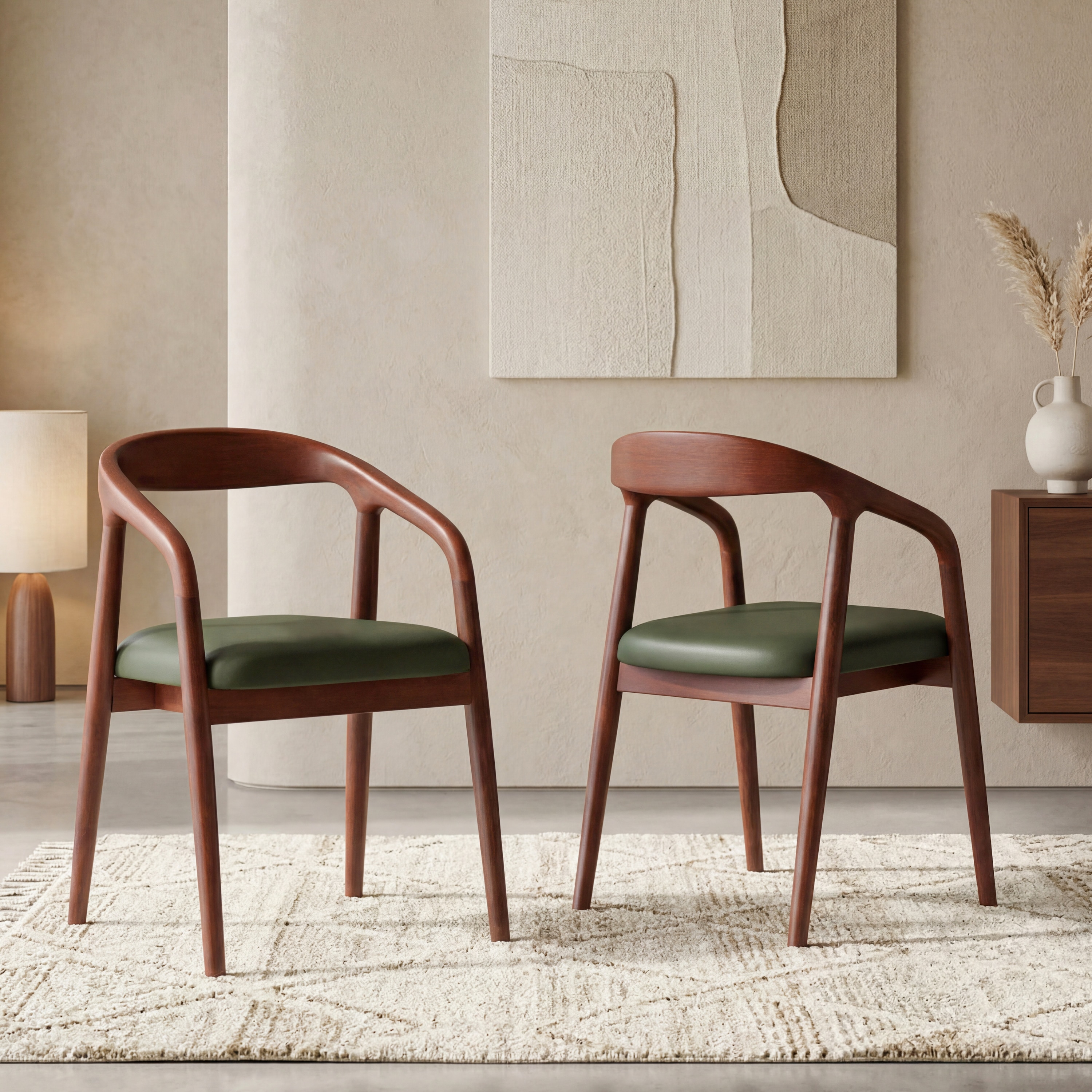 Zen Solid Wood Dining Chair in Honey Finish & Olive Leatherette Colour - Urban Ladder