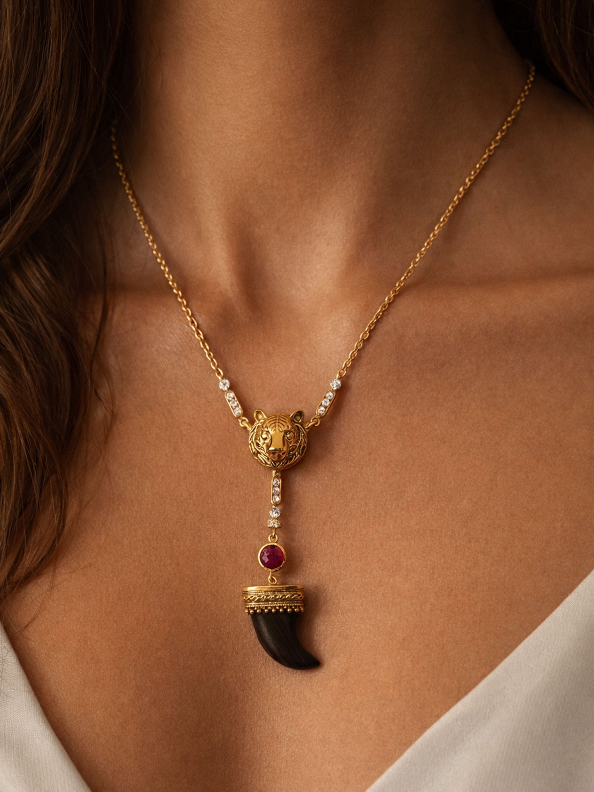 Carved Wood & Silver Pendant Chain