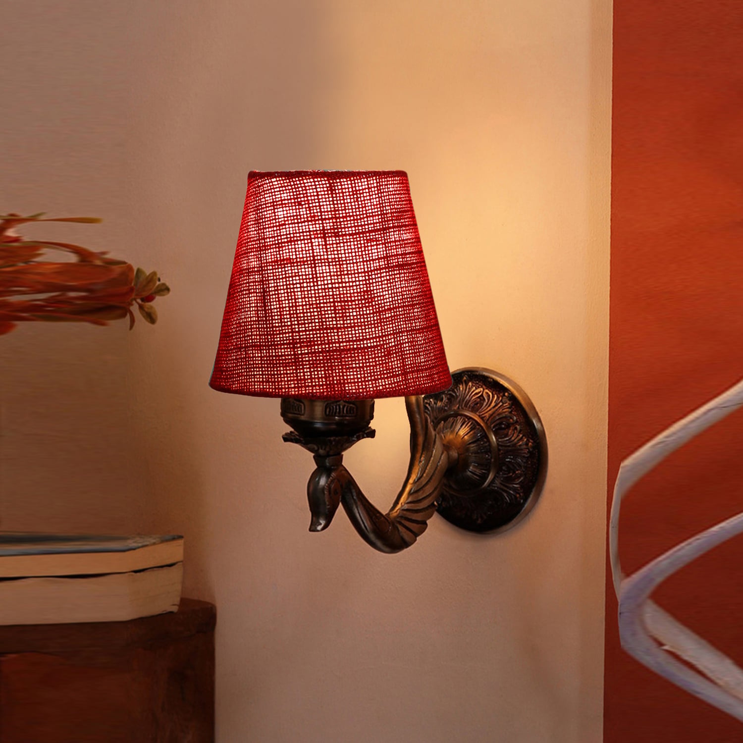 Devansh Metal Electric Wall Light in Antique Gold Colour with Maroon Shade Count of 1 Light - Devansh