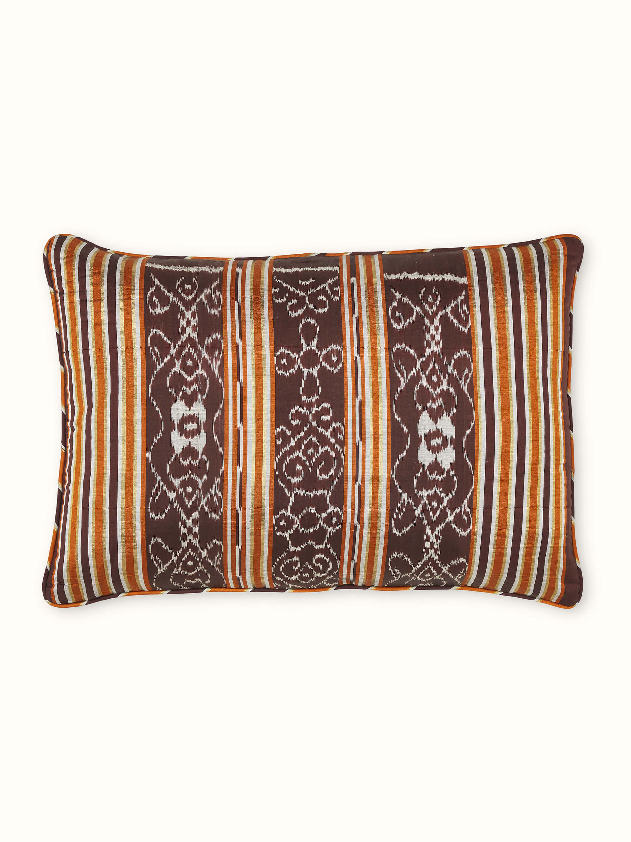 Sanchaya Coffee Stripe Silk Odisha Handloom Ikat Lumbar Cushion Cover