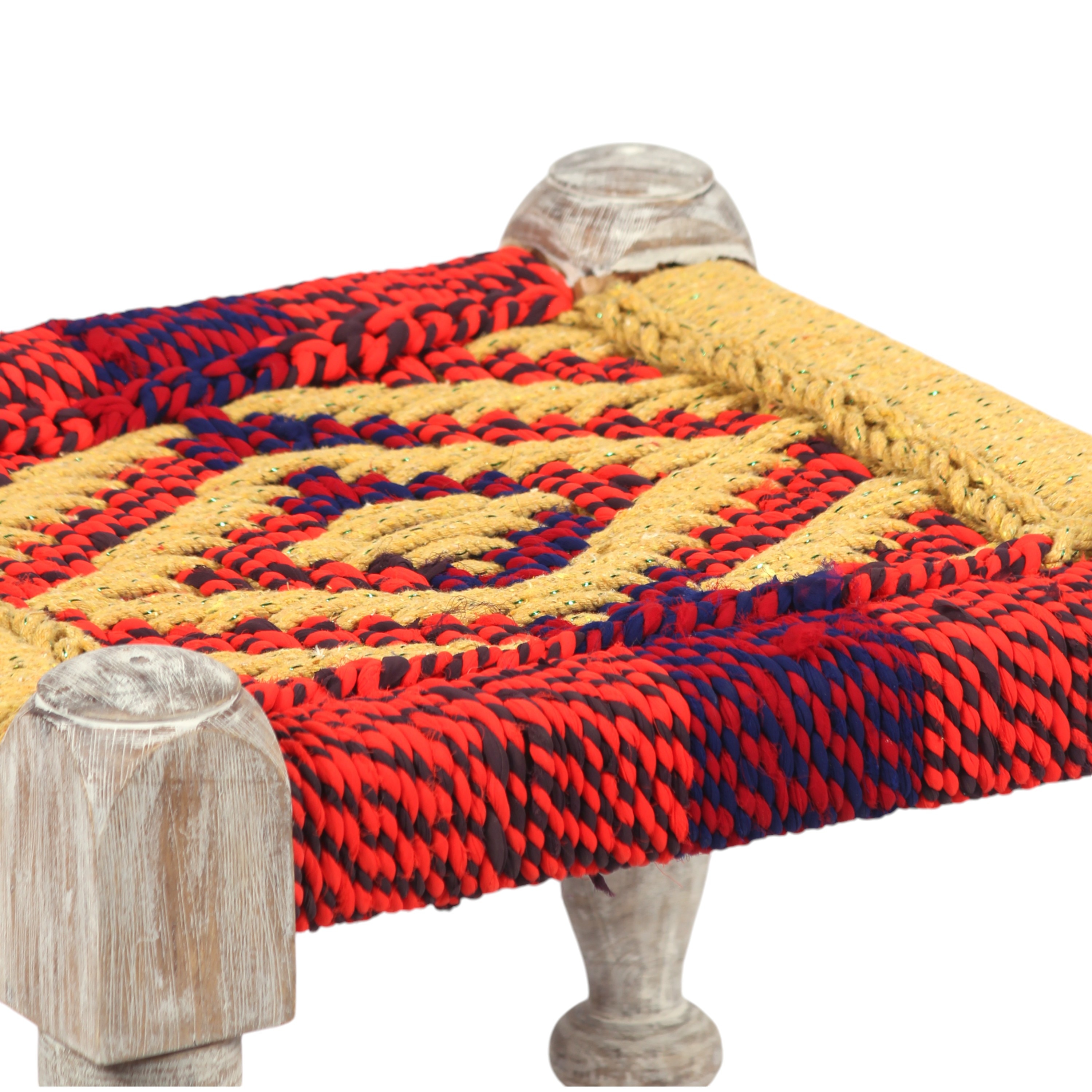 Riaza Sheesham Wood Vintage Set of 2 Stools in Multicolour Chindi & Yellow Rope Canning