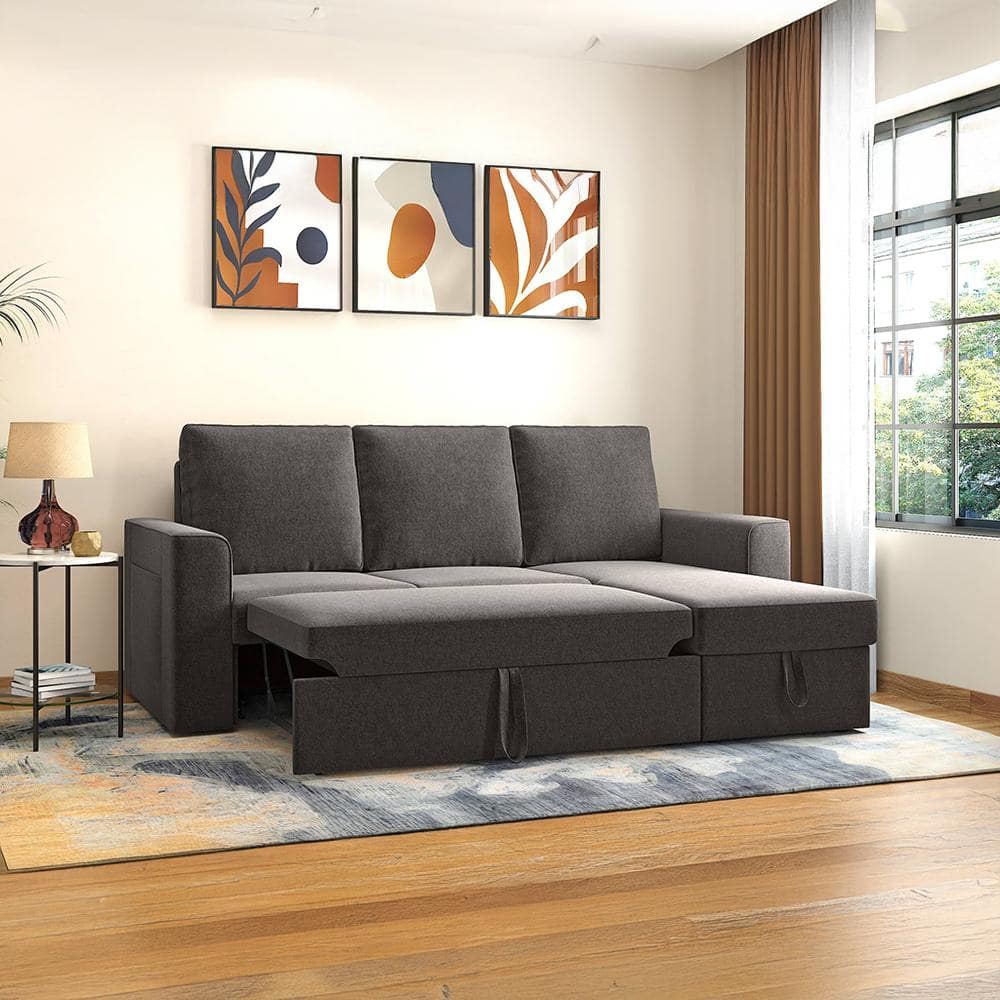 Kowloon Sectional Sofa Cum Bed with Storage Colour Urban grey premium chenille