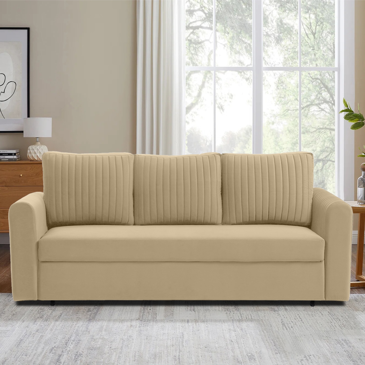 Melano 3 Seater Velvet Pull-Out Sofa Cum Bed in Beige colour