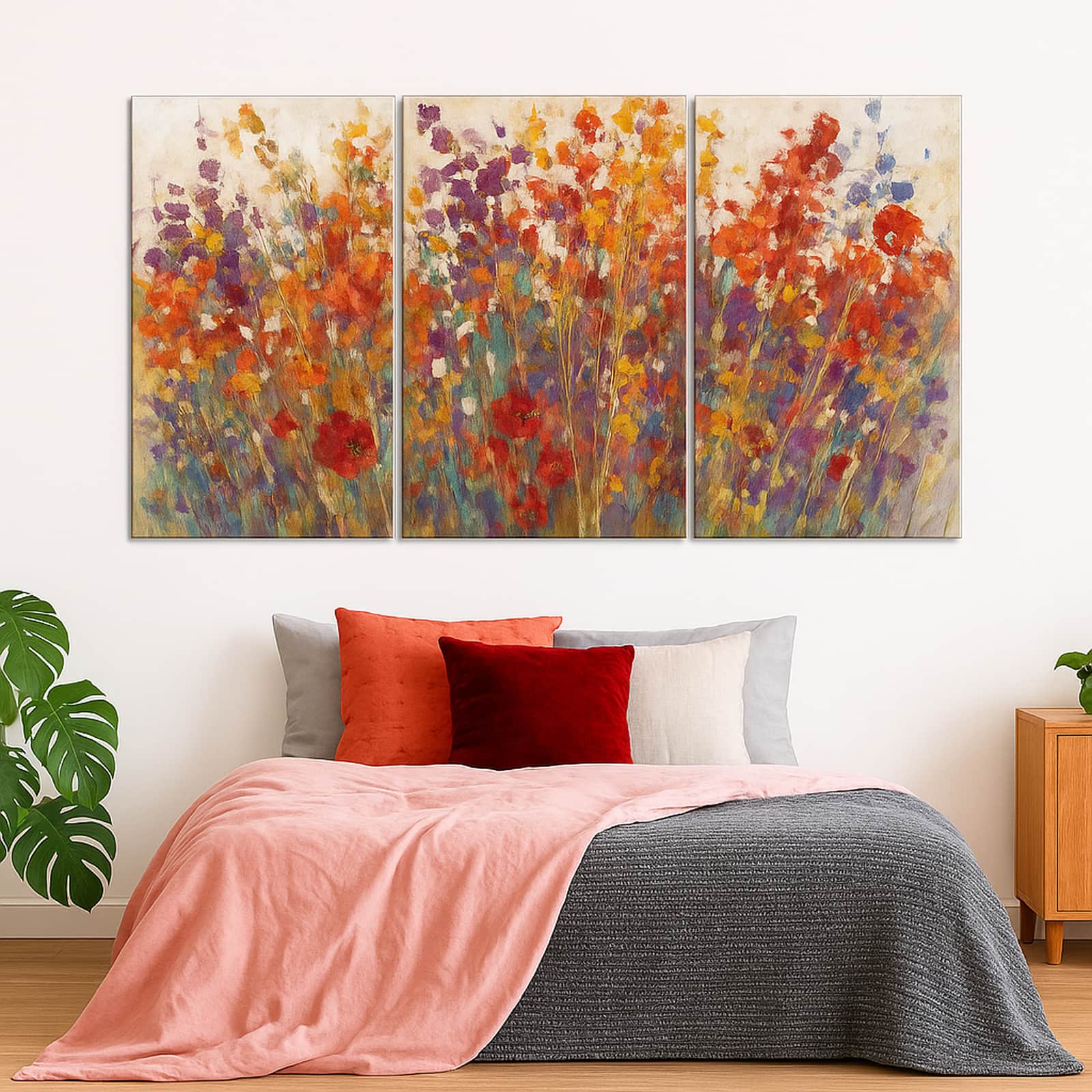 Truss Pieces Purple Red Variety Flowers Floral Canvas Canvas Wall Prints Set of 3 Multicolor Matte
