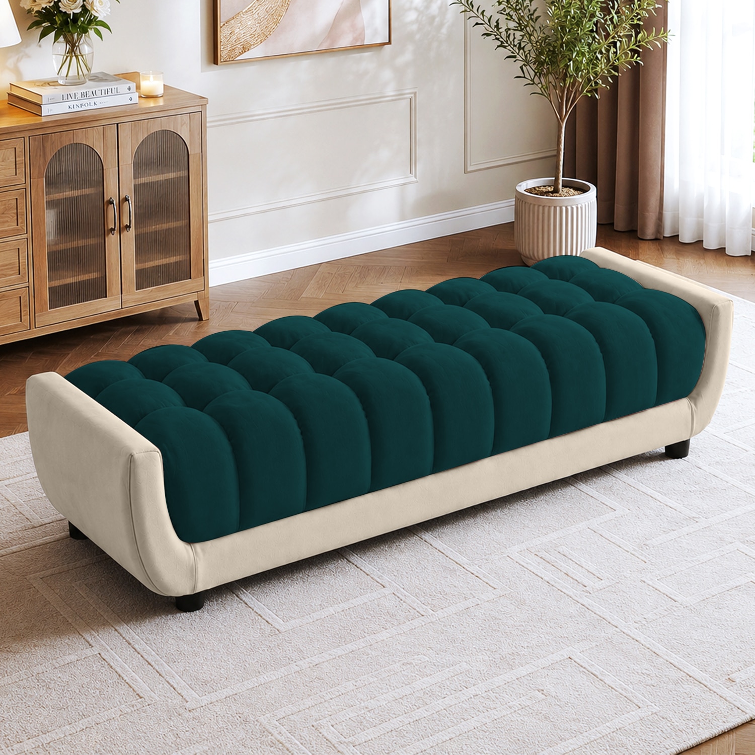Resco  Velvet 2 Seater 5 Feet Ottoman Bench in T Blue & Cream Color - Home Lifestylez