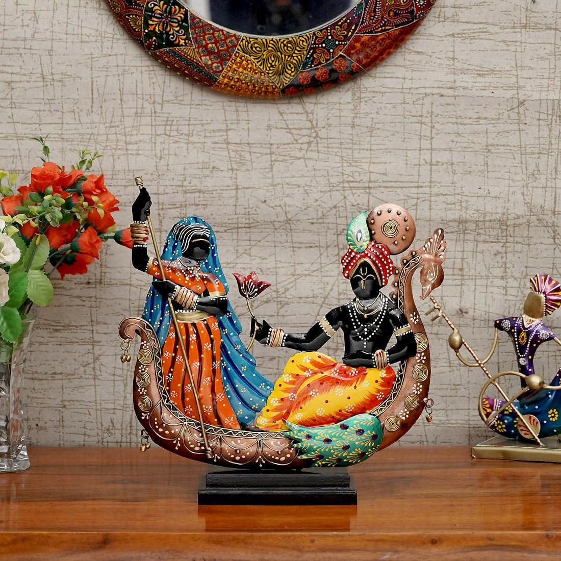 Desert Art Metal Handpainted Couple Boat Showpiece in Multicolour - Desert Art