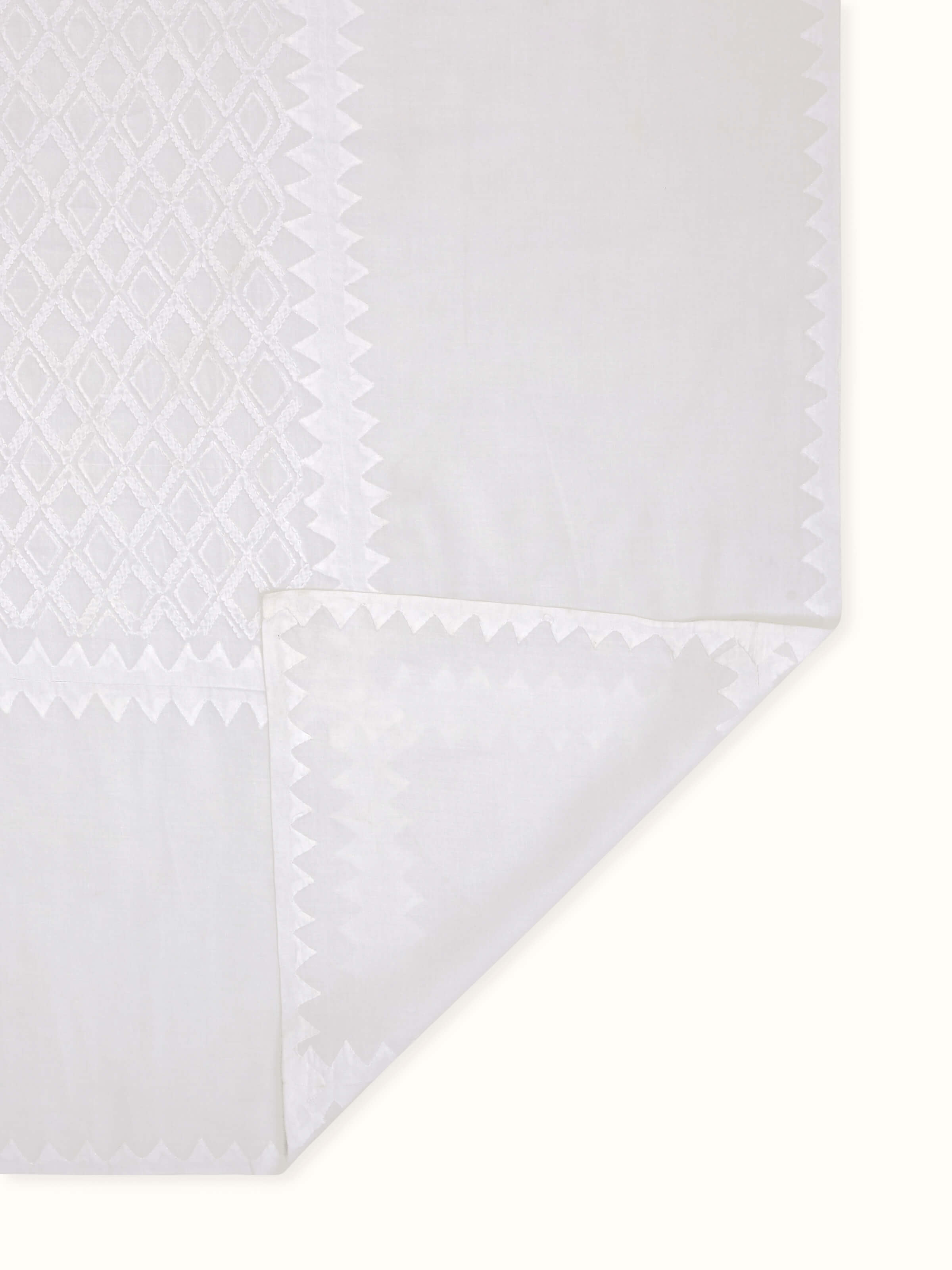 Back view of Ananda White Geometric Chikankari Cotton Table Cover with neatly finished edges for a refined look