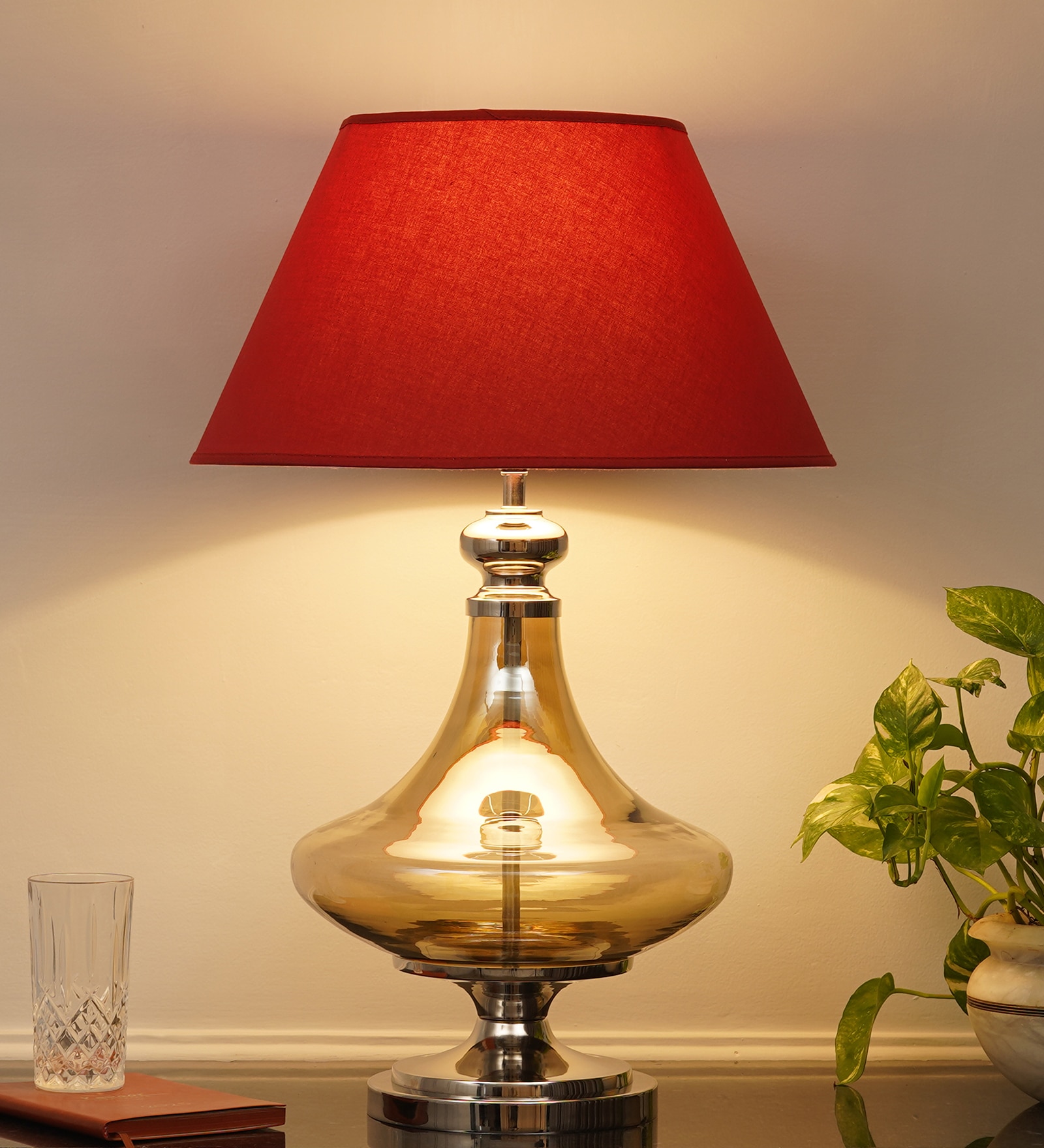 Delicea Smoke Glass And Chrome Finish Metal Table Lamp With Maroon Cotton Shade