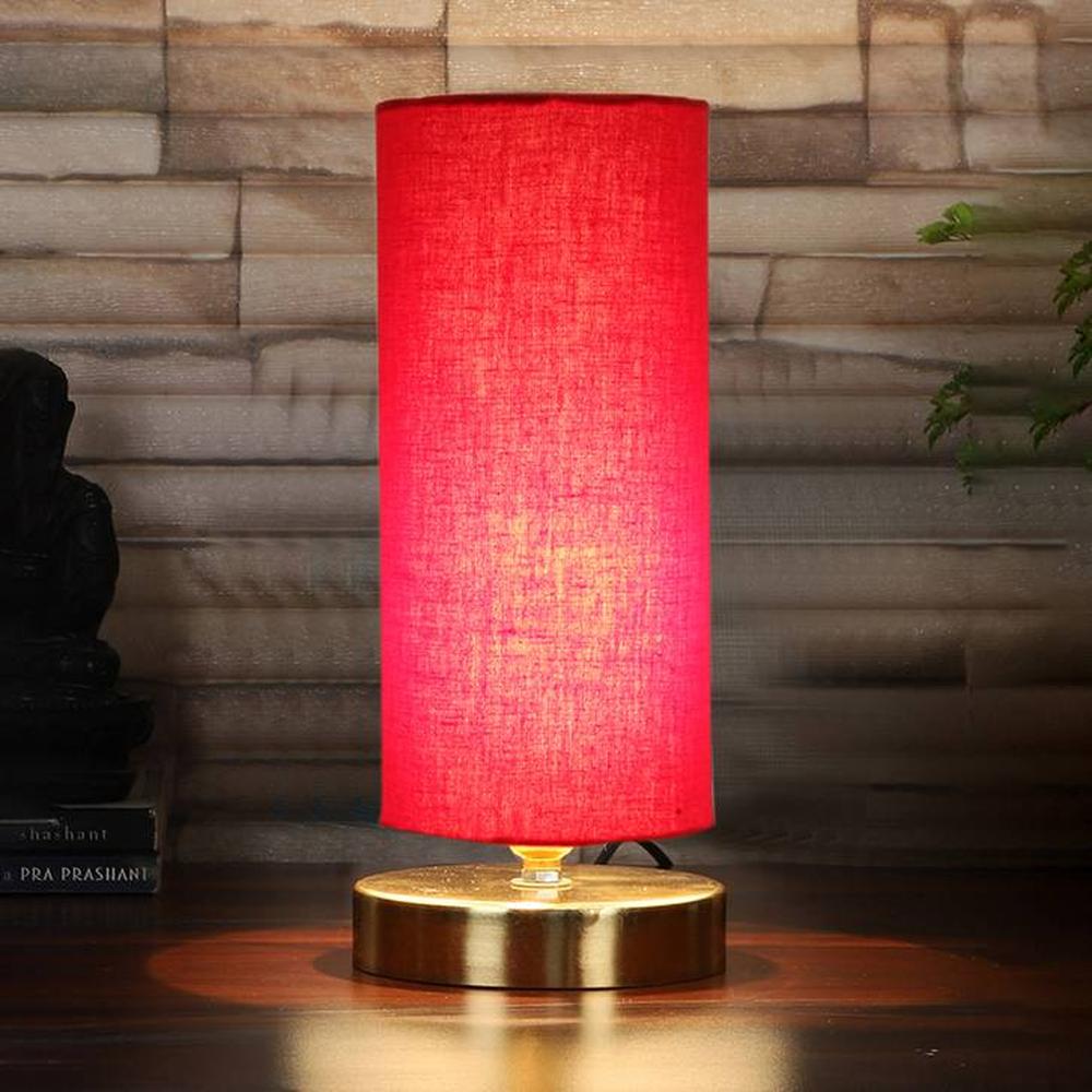 Max Red cotton table lamp with Gold wood base - Devansh