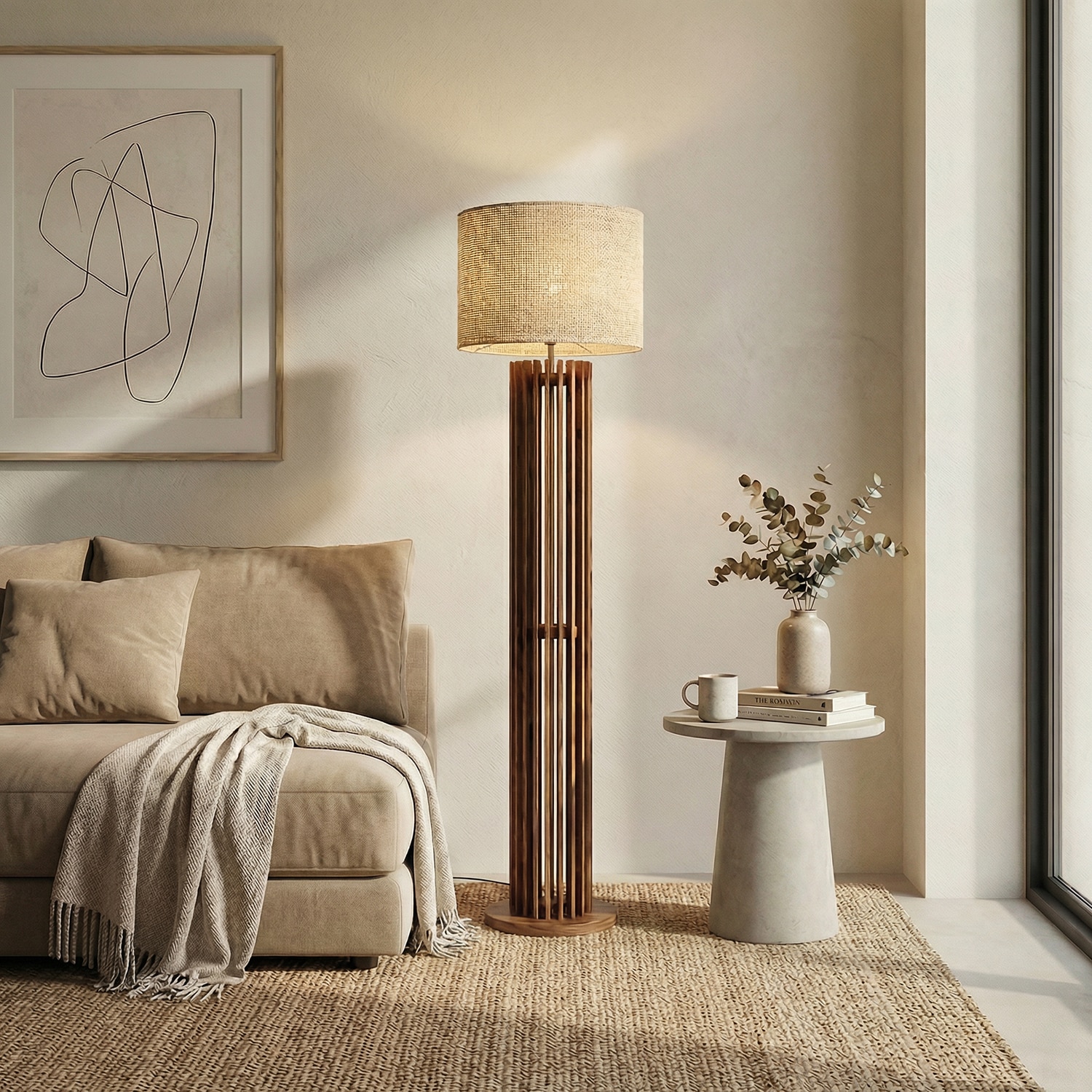 Ventus Beige Jute Floor Lamp with Beige Jute Base - Symplify