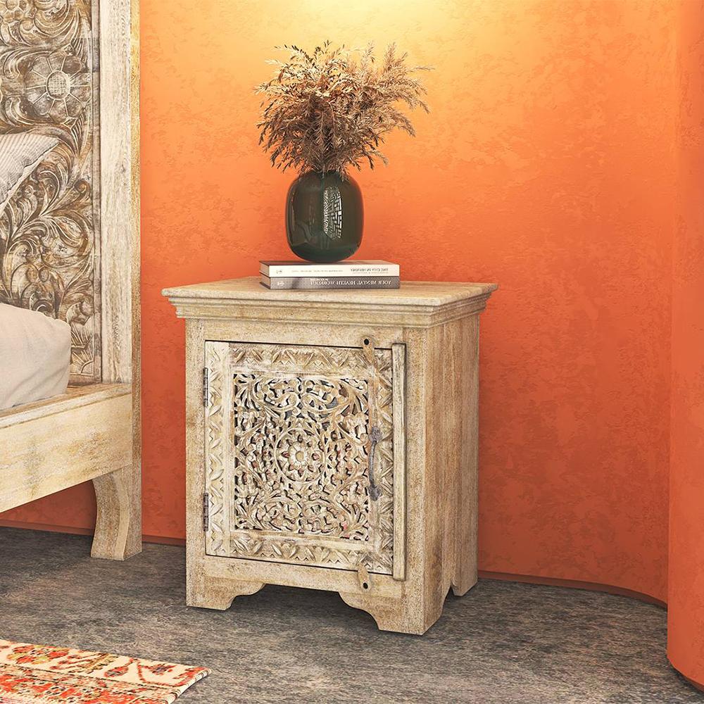Anokhi Solid Wood Bedside Table In Rustic White Finish