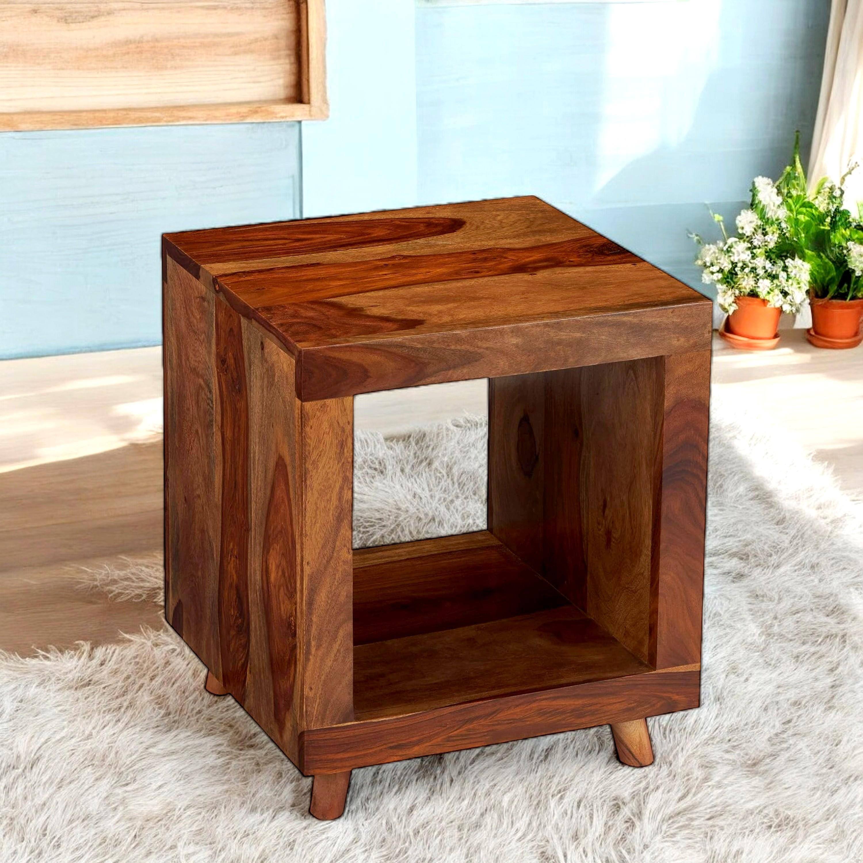 Berlin Sheesham Wood Contemporary Rectangle End Table Side Table In Natural Teak Finish