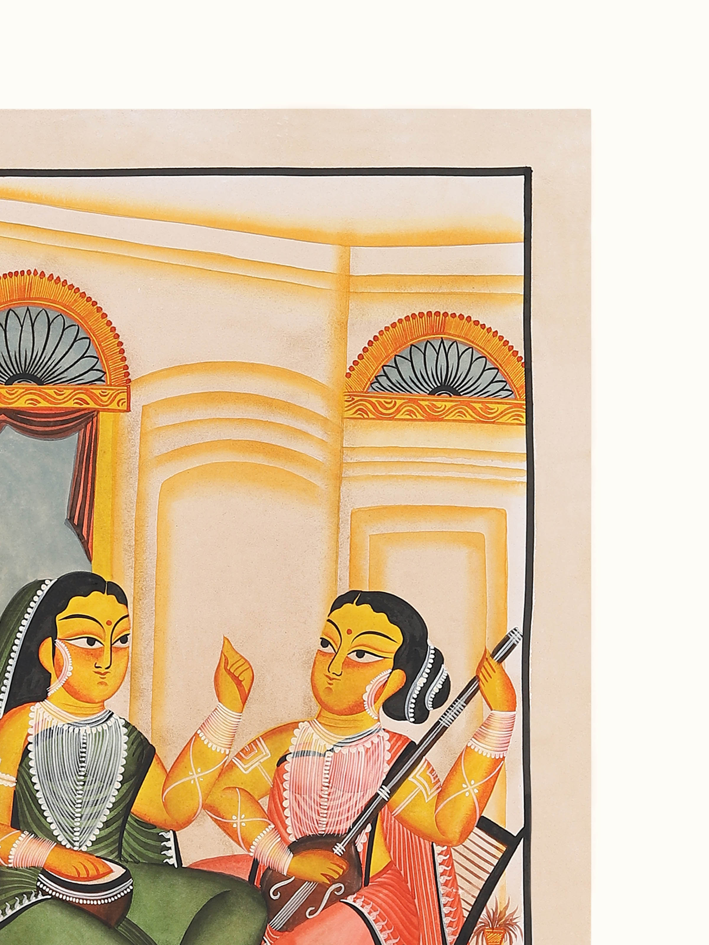 Close-up detail view of gossiping women Kalighat folk art painting texture
