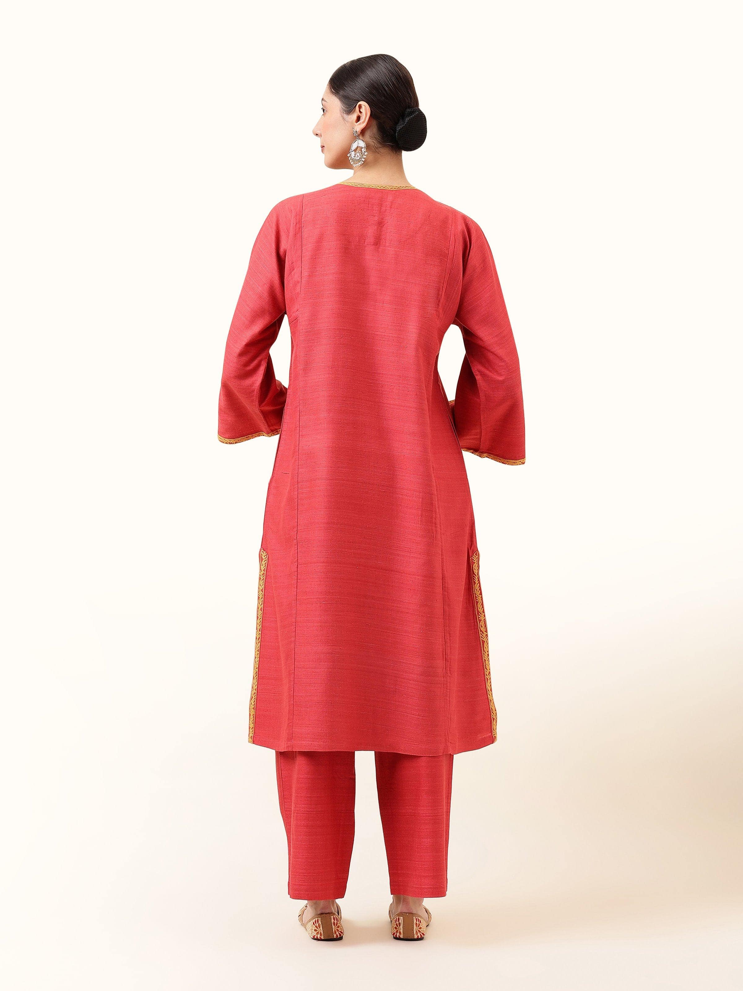 Coral Silk Crewel Embroidered A-Line Kurta