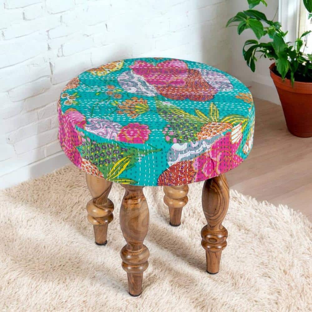 Roswell Sheesham Wood Mid Century Round Stool in Sea Green Fruit Print Kantha Upholstery