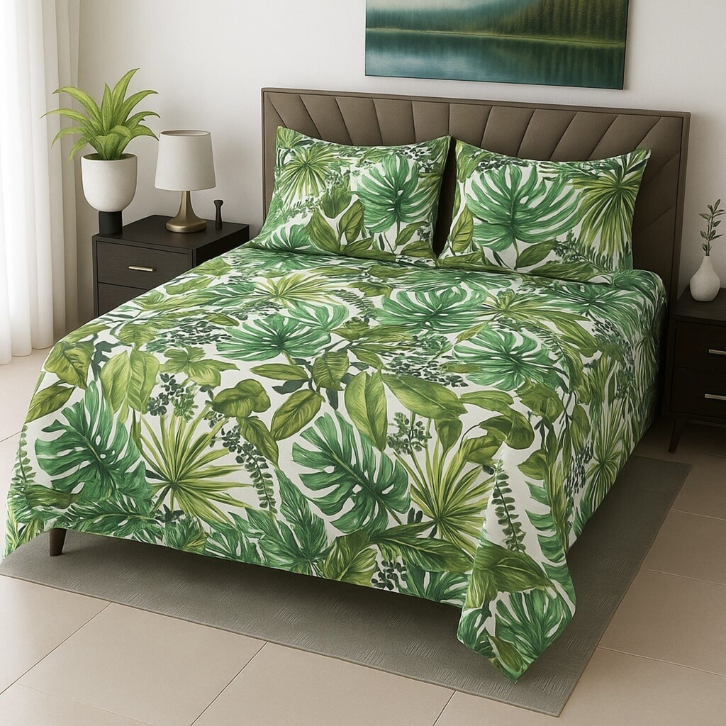Bryn Green Floral 400 TC Cotton Flat Super King Size Bedsheet with 2 Pillow Covers – Threads