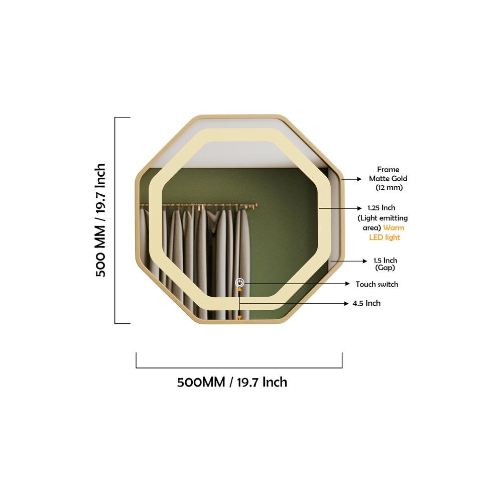Aluminium LED Octagon Decorative wall mirror by elegant arts and frames (Mirror size 500 mm)
