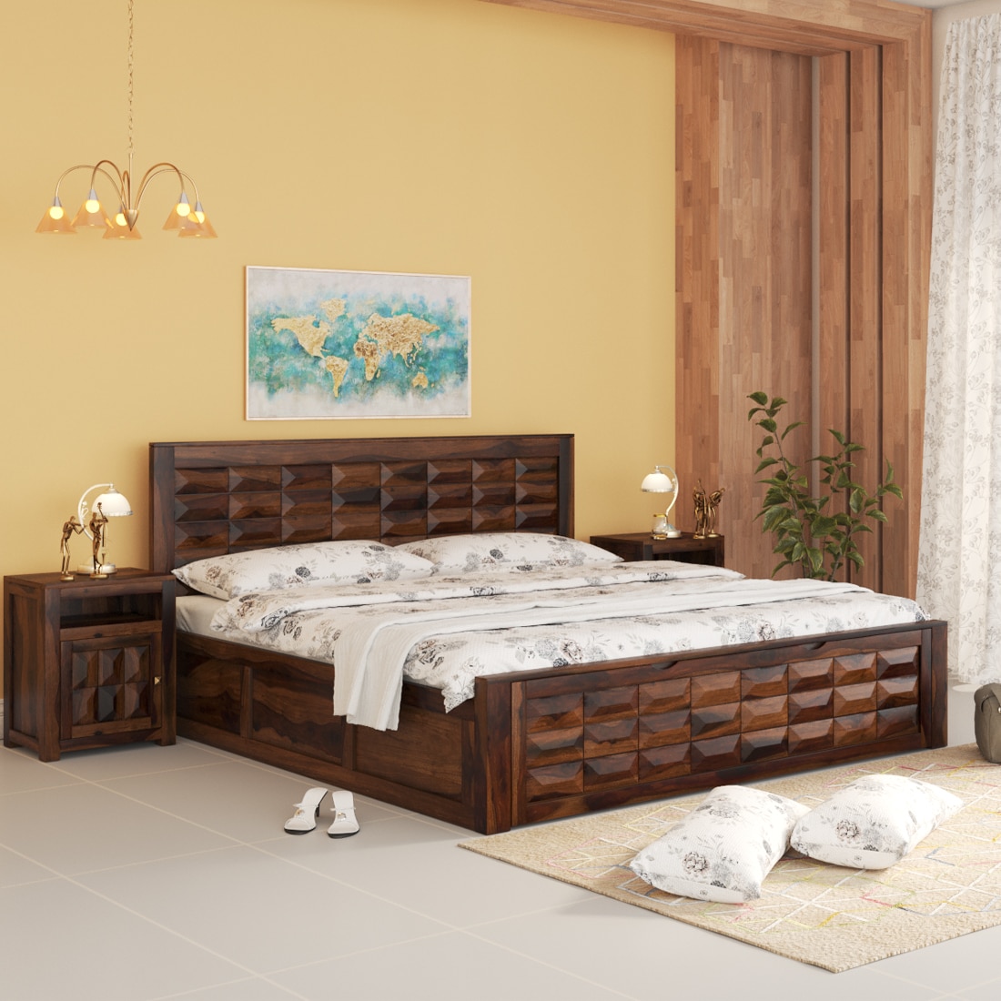 Diamond Box and Drawers Storage Queen Bed in Provincial Teak Finish