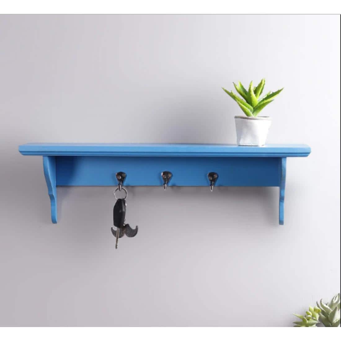 Wooden Wall Shelf with 3 Key Hooks in Blue Colour - Desert Art