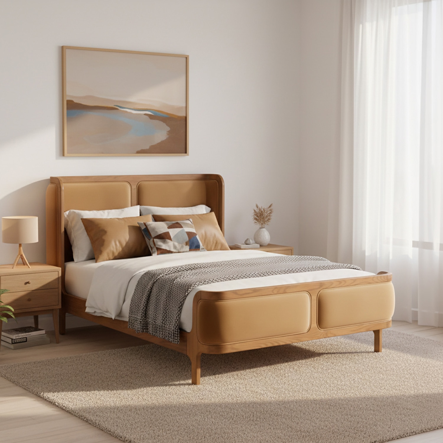 Valerio Duo-Panel Luxe Queen Size Bed in Camel Brown colour Velvet with Oak wood Frame - Nestroots