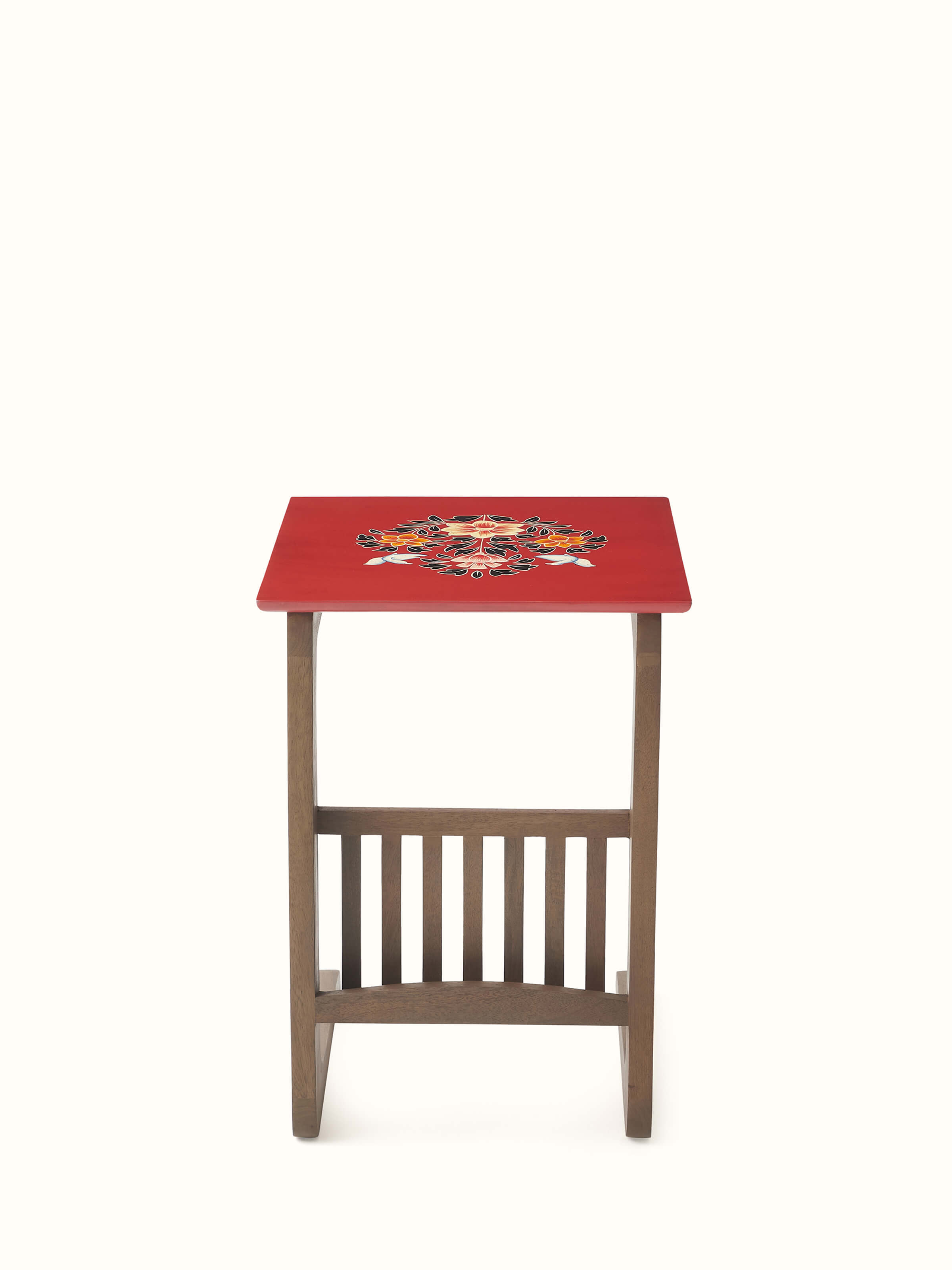 Front view of mango wood portable table with miniature painting and shelf