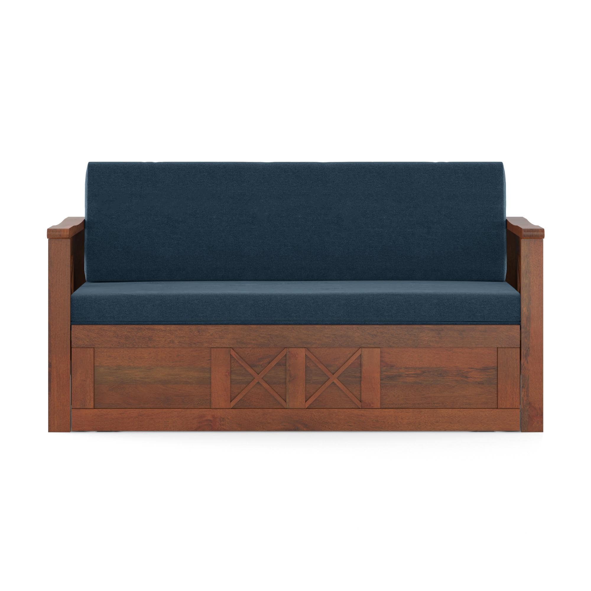 Bram 3 Seater Sofa Cum Bed in Honey Finish with Delft Blue Colour