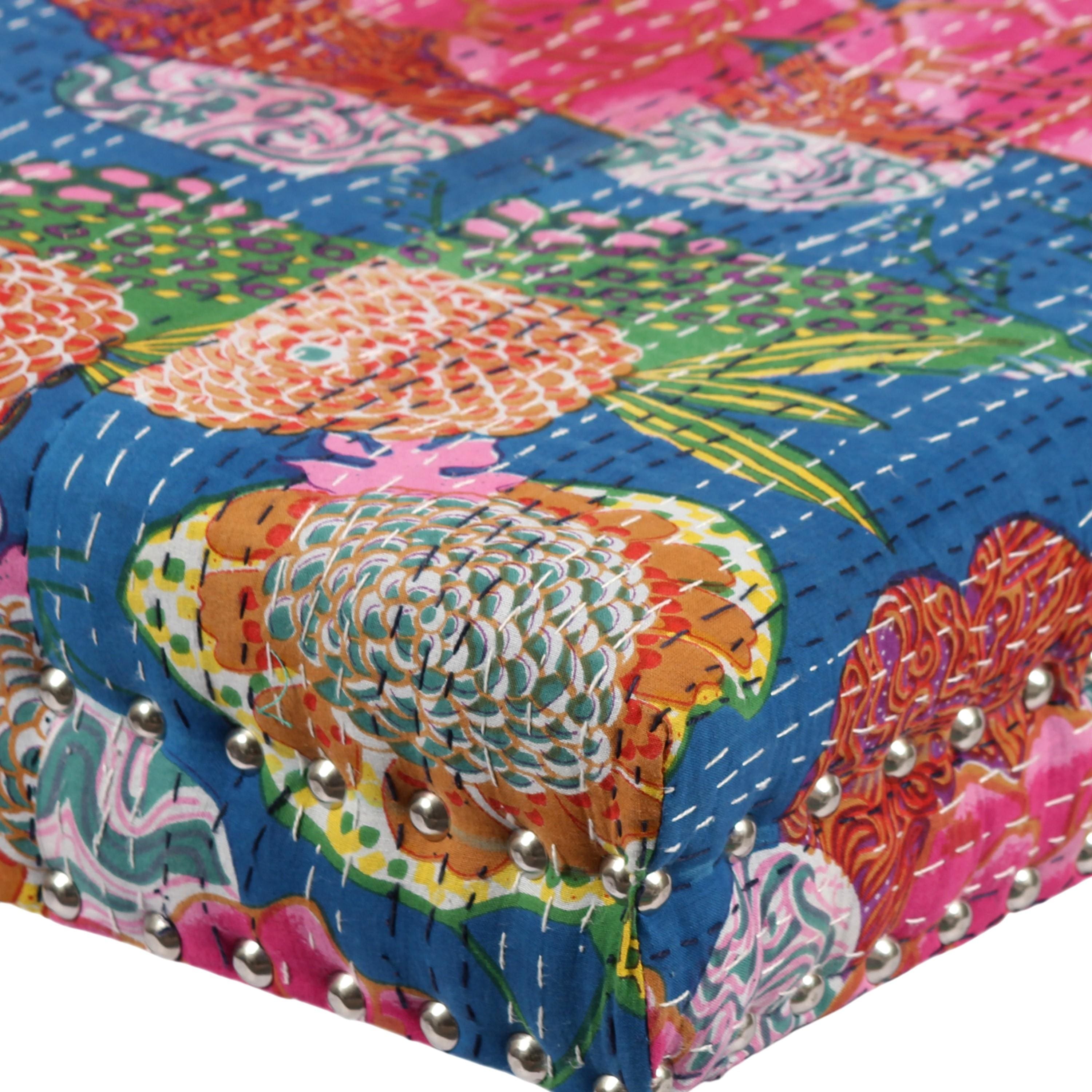 Rosslyn Solid Wood Pouf Stool in Fruit Print Blue Ethnic Kantha fabric