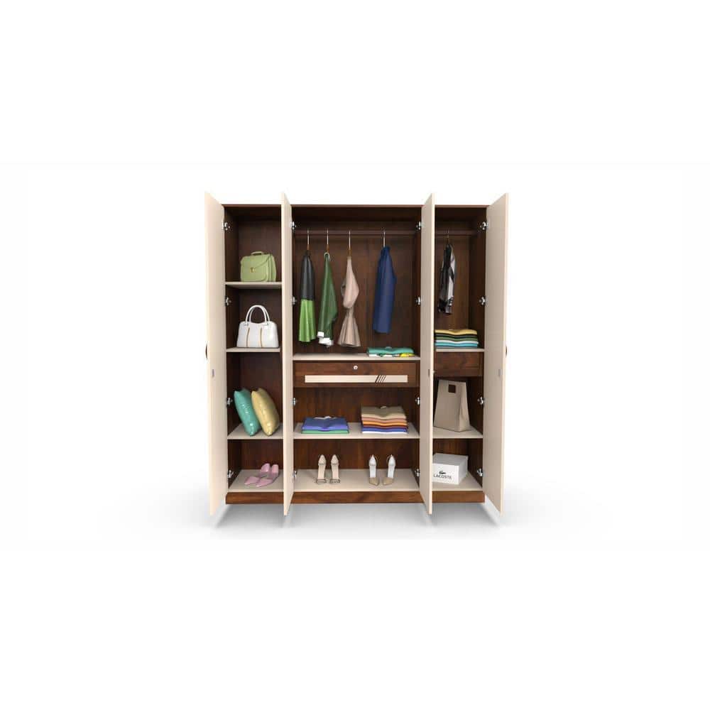 Andrie Engineered Wood 4 Door Wardrobe/Clothes Storage Rack Organizer Almirah Cupboard Without Mirror, 10 Shelves & Drawers (One with Lock) for Bedroom Home Furniture (Brown Maple & Beige)…