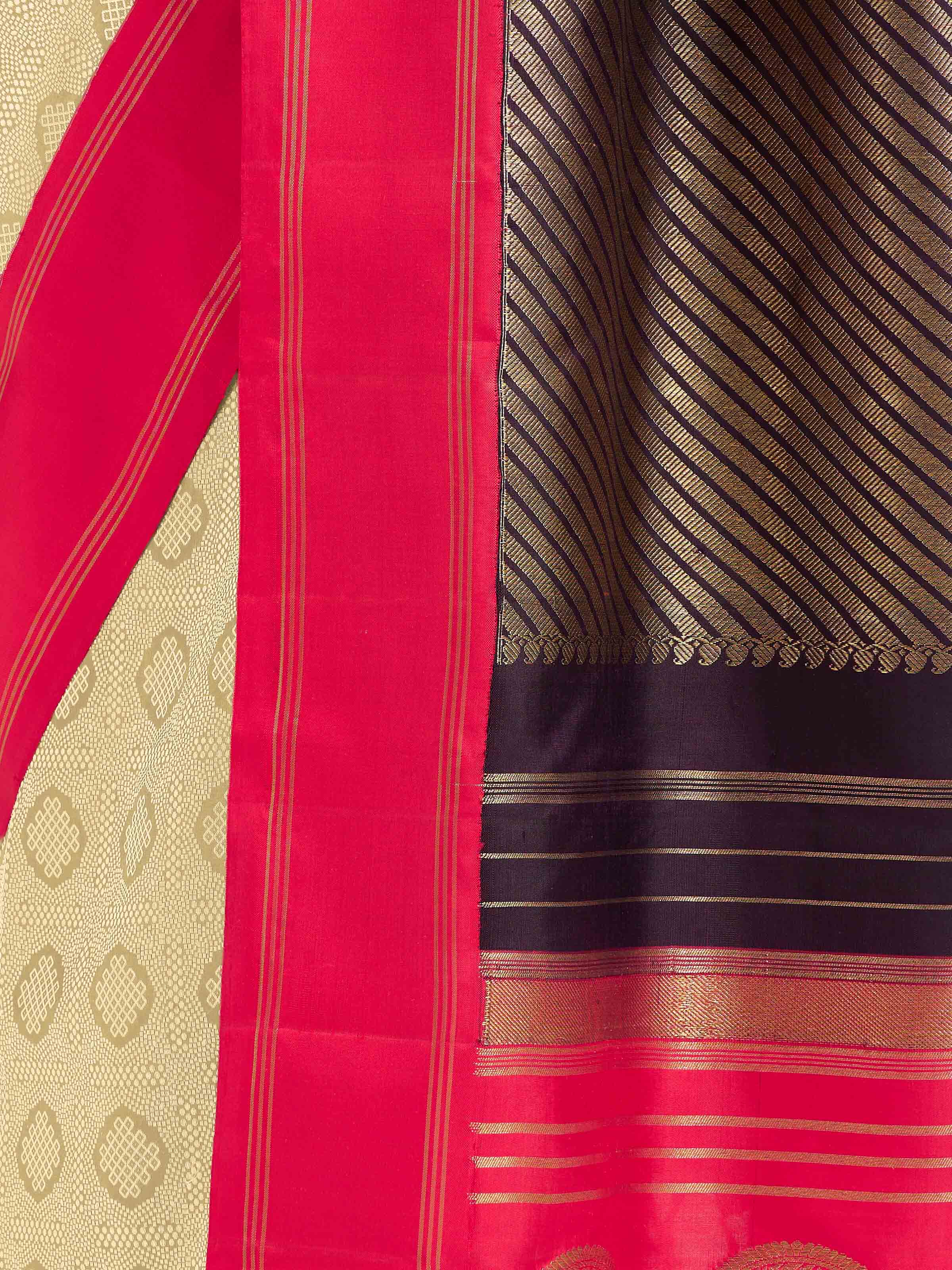 Detail view of red silk Kancheepuram saree showing silk texture and zari craftsmanship