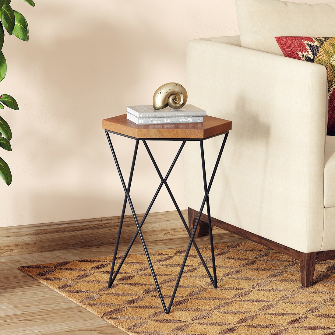 Dyson Hex Solid Wood Side Table In Amber Walnut Finish With Black Base