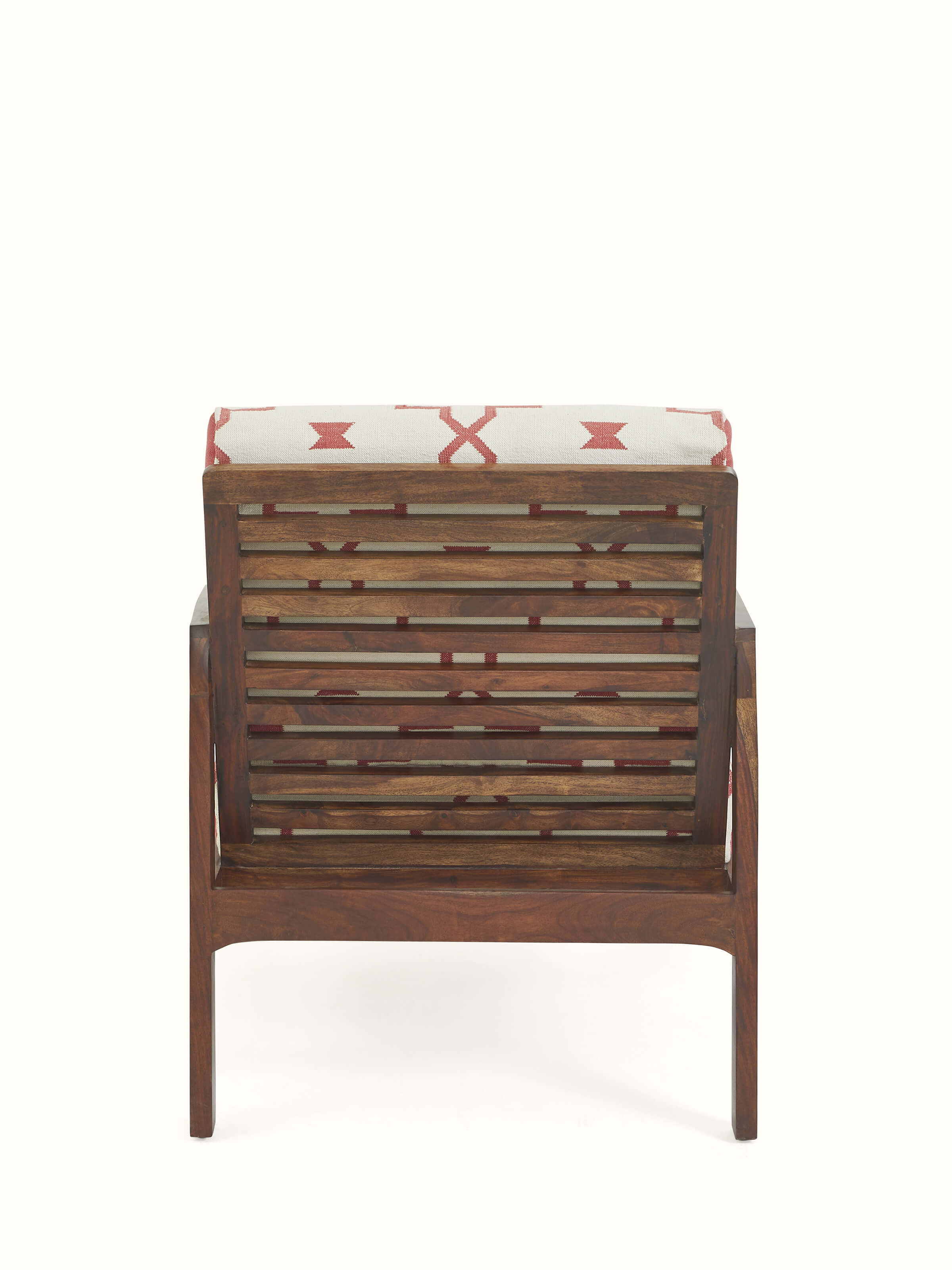 Back view of traditional handloom dhurrie upholstered wooden armchair – heritage furniture from India