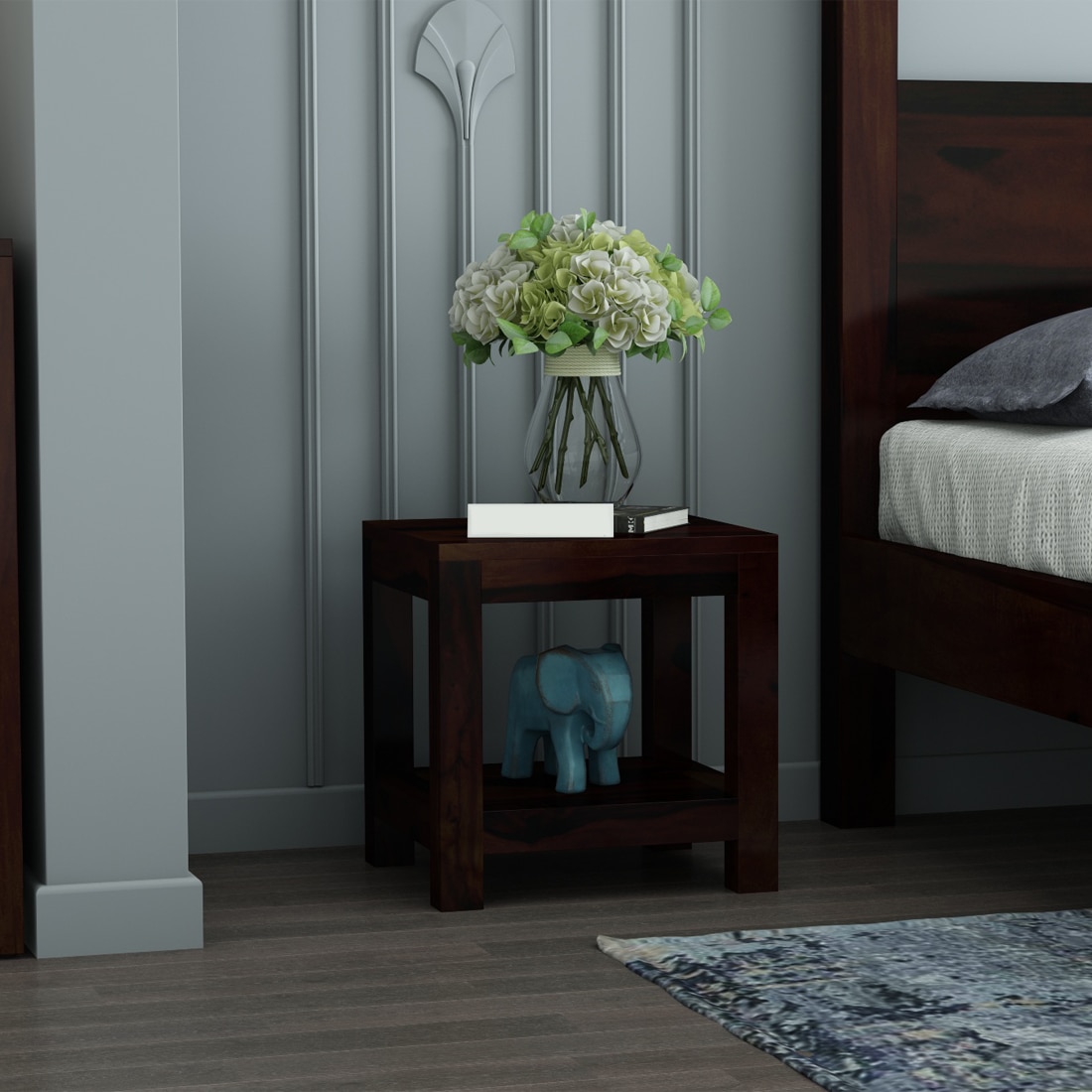 Box Solid Wood Bedside Table in Walnut Finish