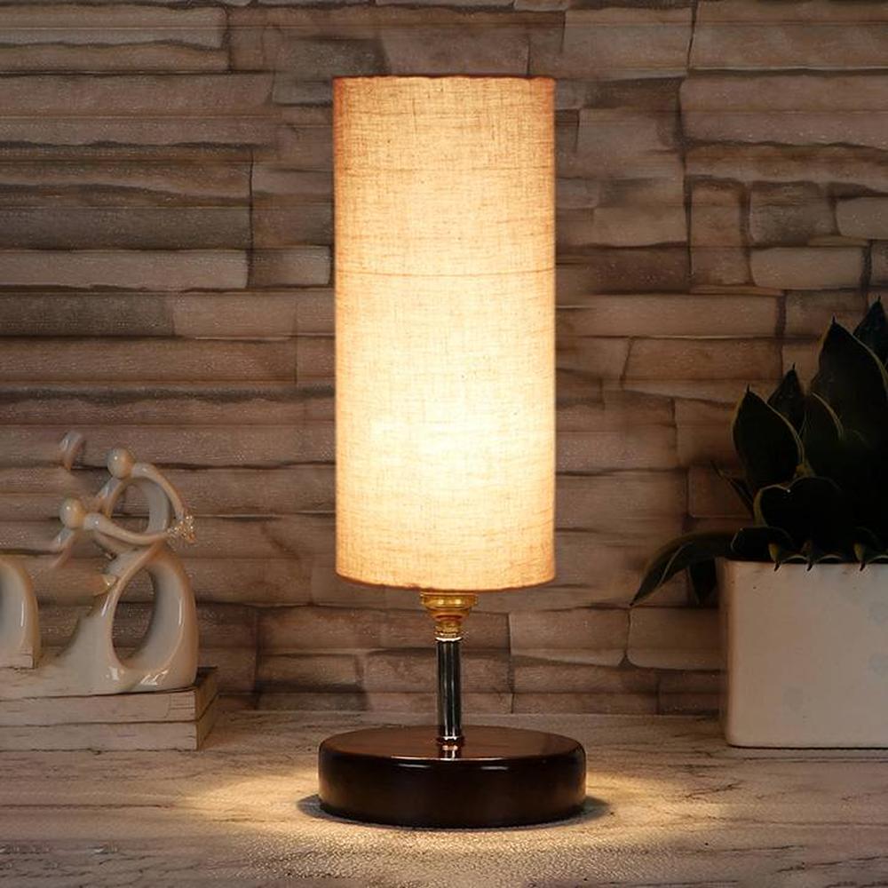 Westie Grey cotton table lamp with brown wood base
