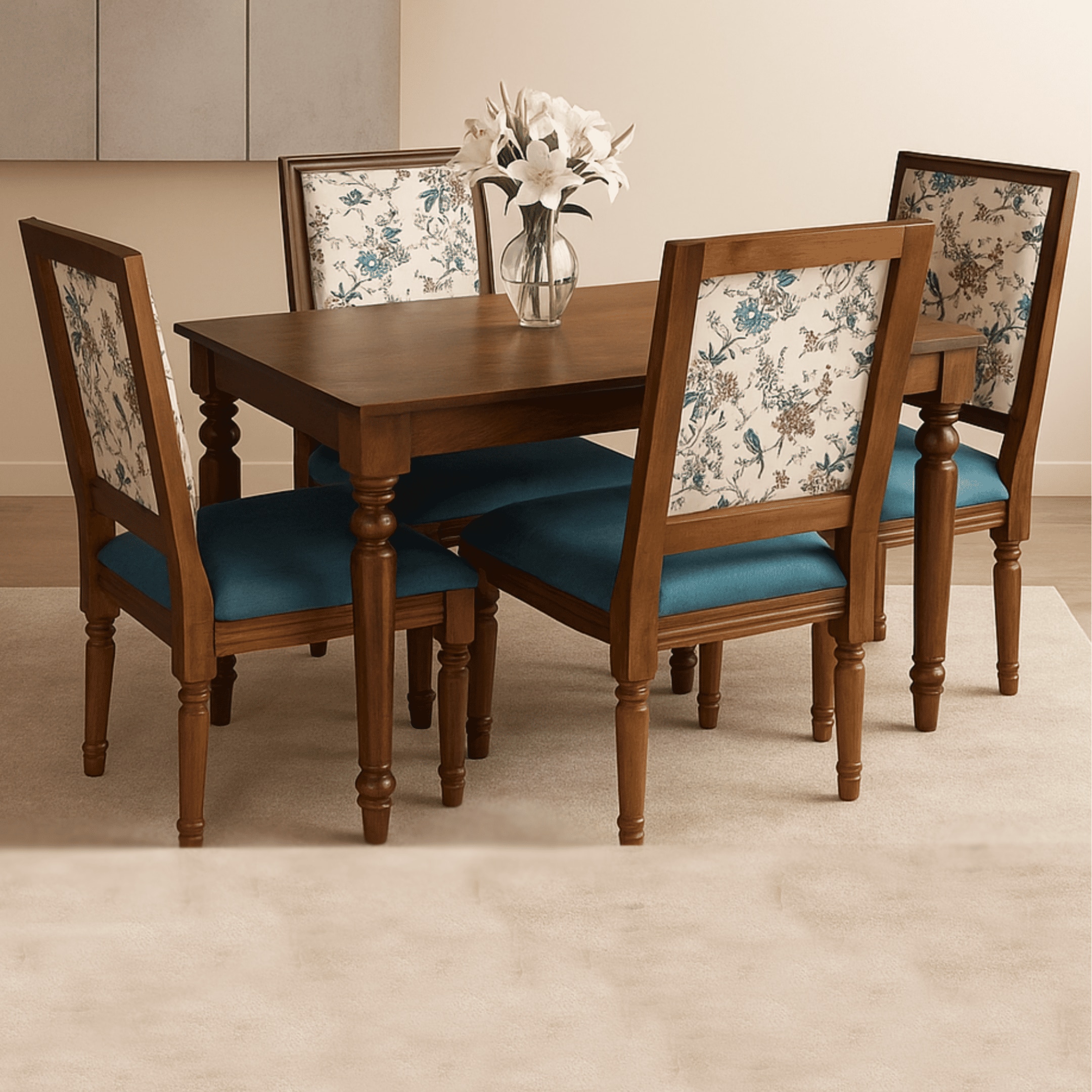 Globally Indian Sheesham Wood 4 Turning Leg Seater Dining Table Set With Upholstered Chairs – Wooden Dining Room Furniture For Home"