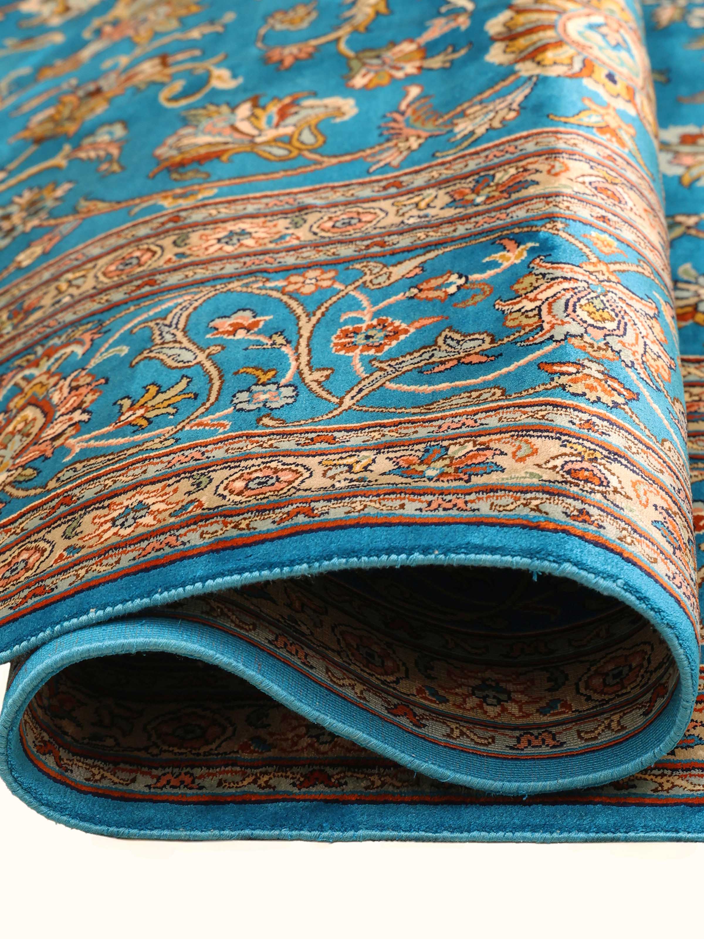 Traditional Persian Azure Cream Medallion Kashmir Silk Hand-Knotted Carpet